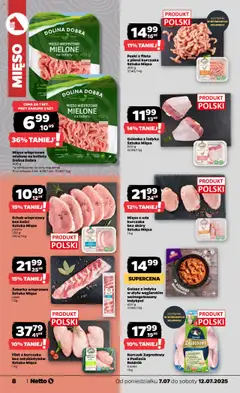 Netto gazetka - Spożywcza od 07.07.2025 | Strona: 8 | Produkty: Mięso z uda kurczaka, Mięso, Schab wieprzowy bez kości, Kurczak zagrodowy