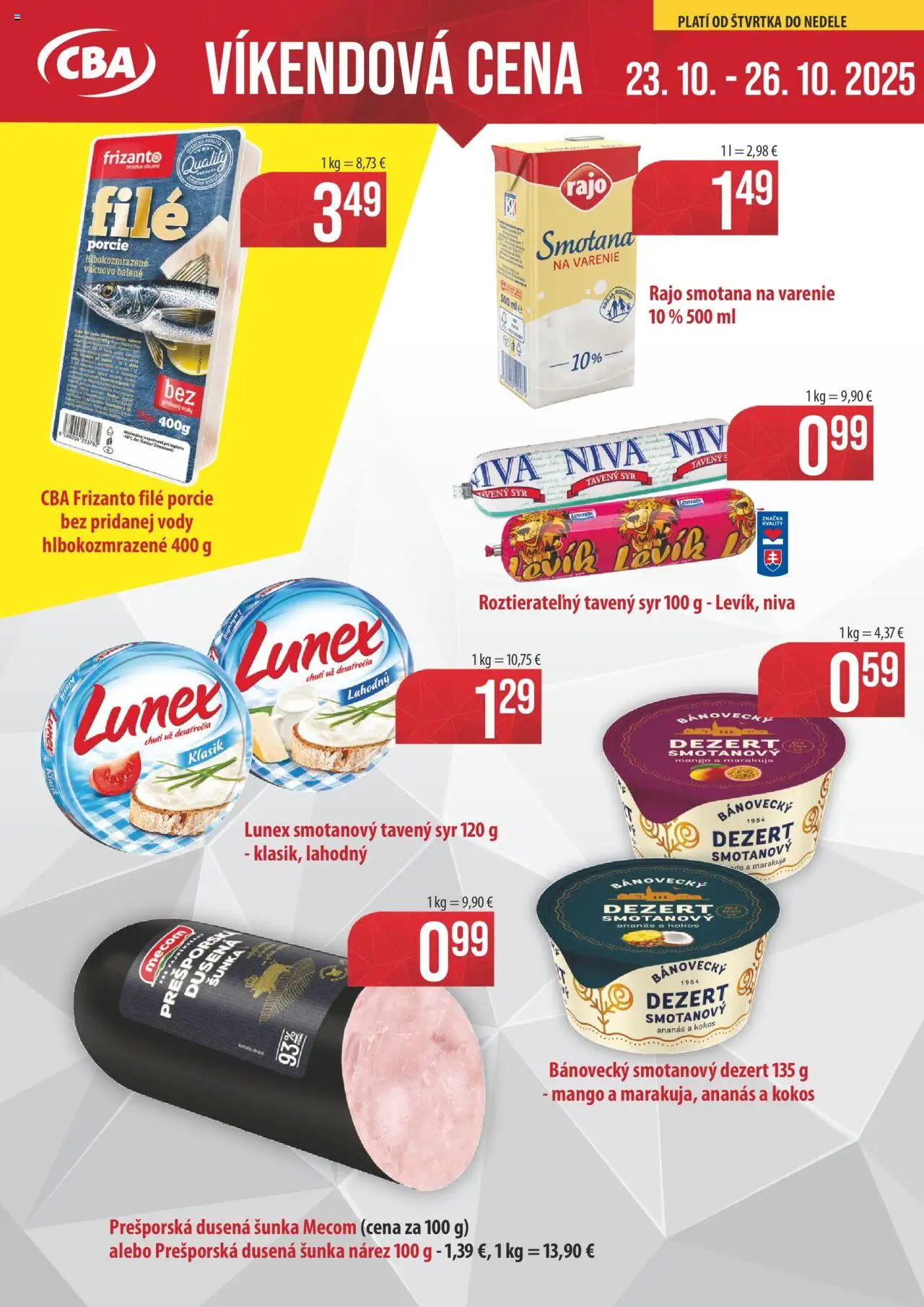 Nové CBA Komfos akcie – leták je platný od 23.10.2025 | Strana: 1 | Produkty: Syr, Šunka, Smotana, Mango