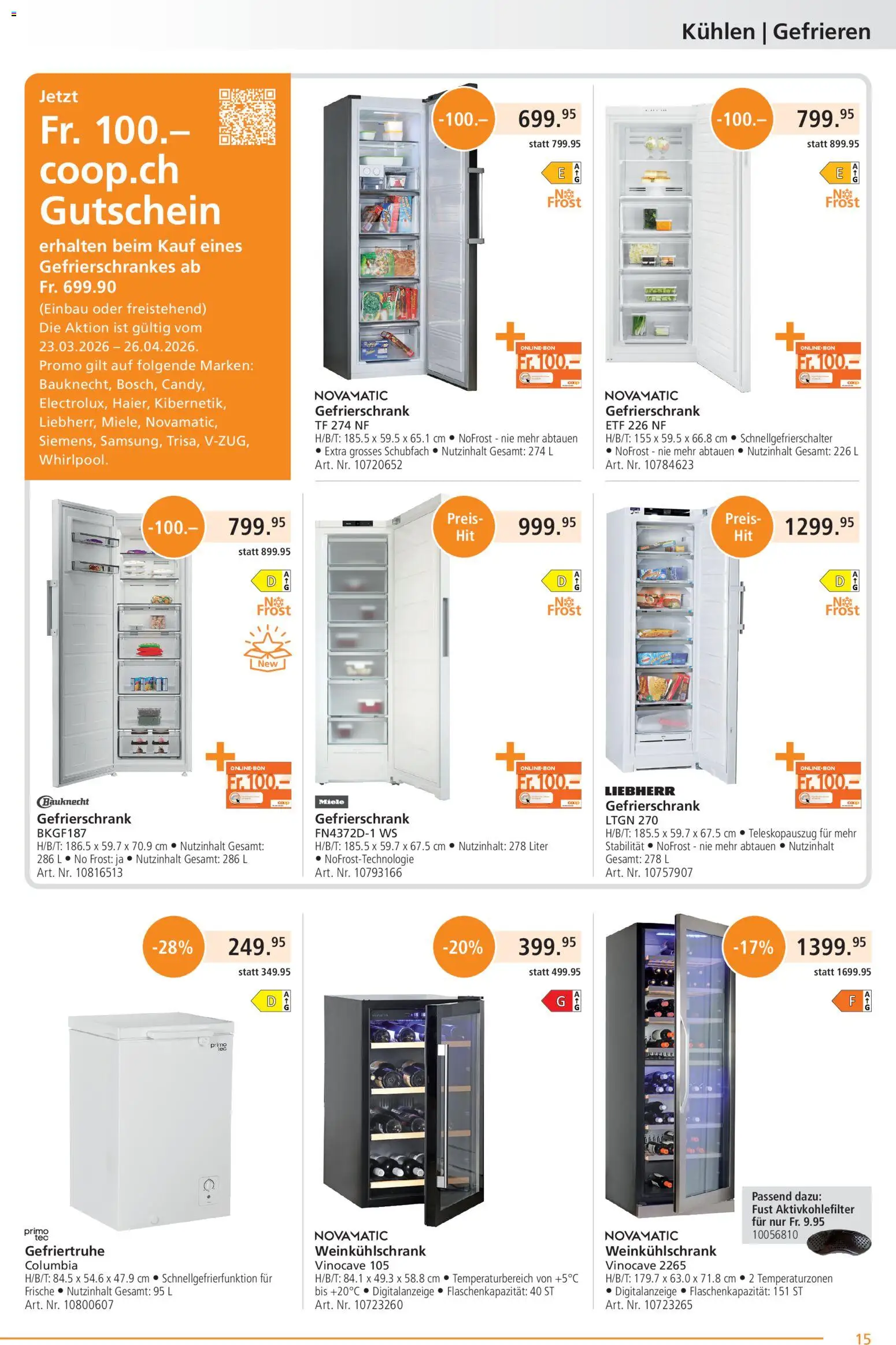 Fust aktionen – gültig ab 23.03.2026 | Seite: 15 | Produkte: Gefriertruhe, Gefrierschrank, Miele, Liebherr