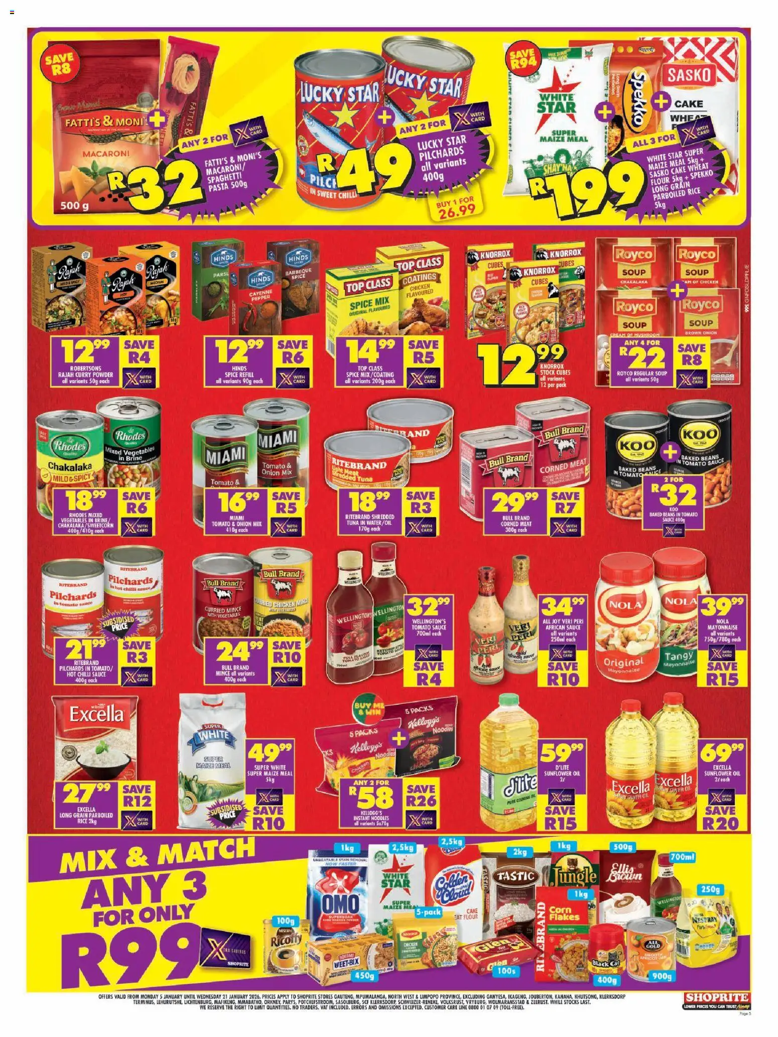New Shoprite catalogue – valid from 05.01.2026 | Page: 5 | Products: Corn, Beans, Maize meal, Tomato sauce