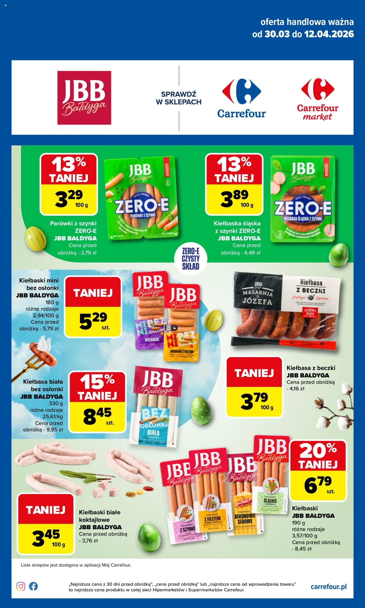 Carrefour gazetka - JBB Bałdyga od 30.03.2026 | Strona: 1 | Produkty: Kiełbasa, Parówki z szynki, Parówki, Kiełbaski