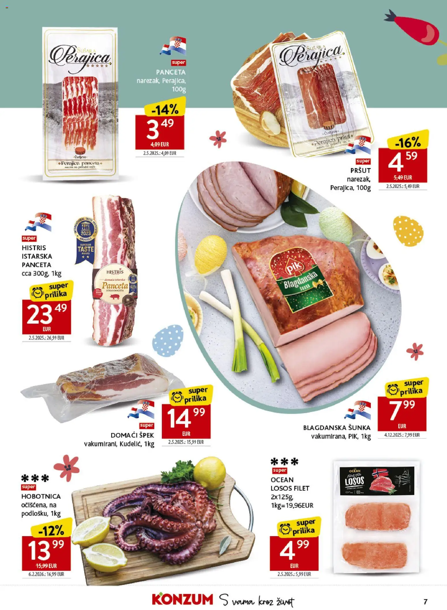 Konzum katalog | vrijedi od 25.03.2026 | Stranica: 7 | Proizvodi: Hobotnica, Šunka, Losos, Panceta