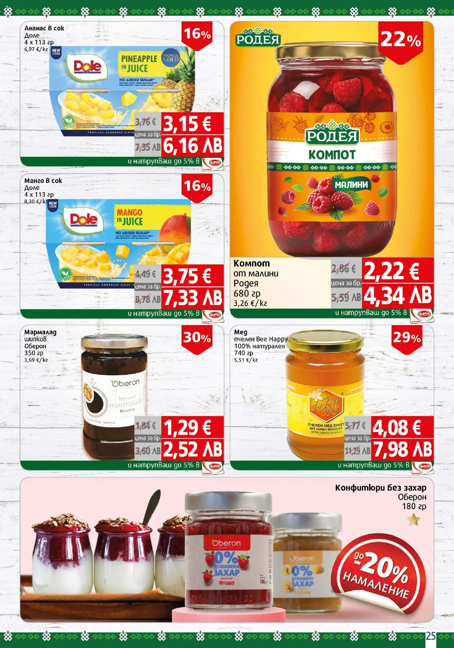 {H1} | Страница: 25 | Продукти: Захар, Манго, Мед, Малини