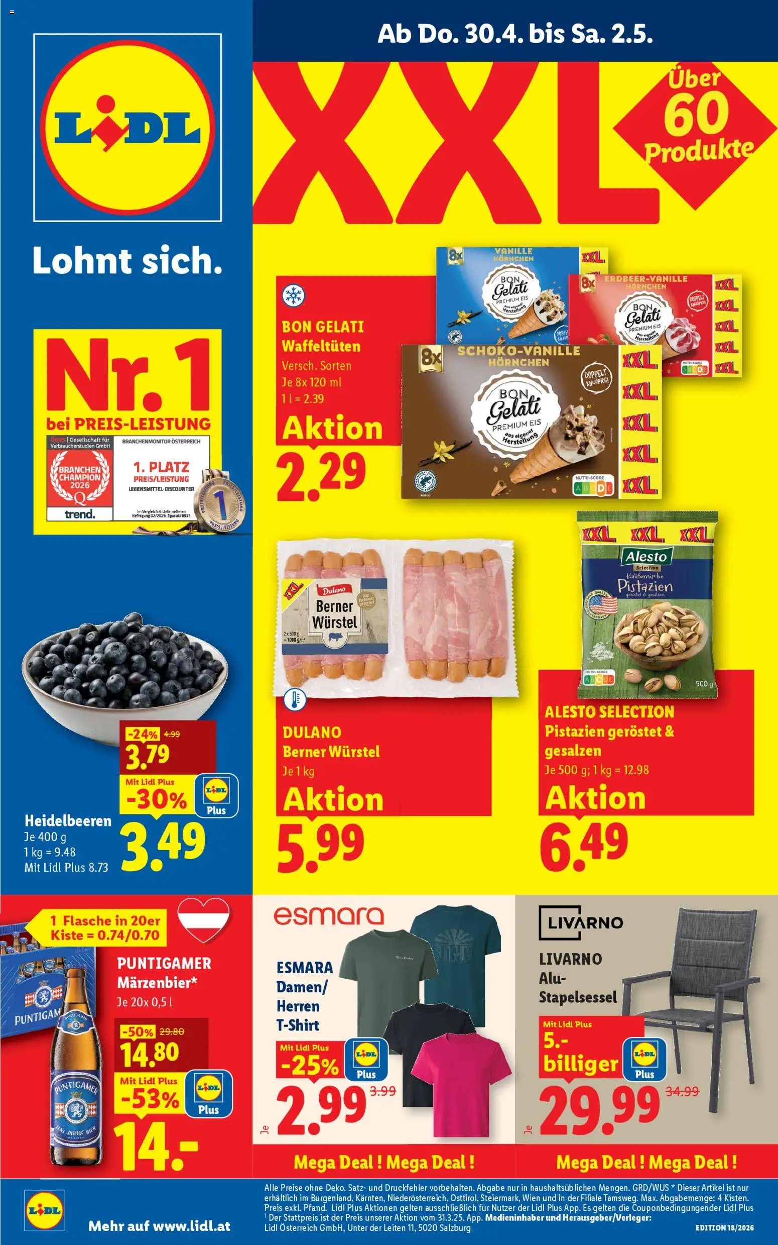 Lidl Flugblatt - Oberpullendorf, Güssing, Oberwart gültig ab 30.04.2026 | Seite: 1 | Produkte: Eis, Bier