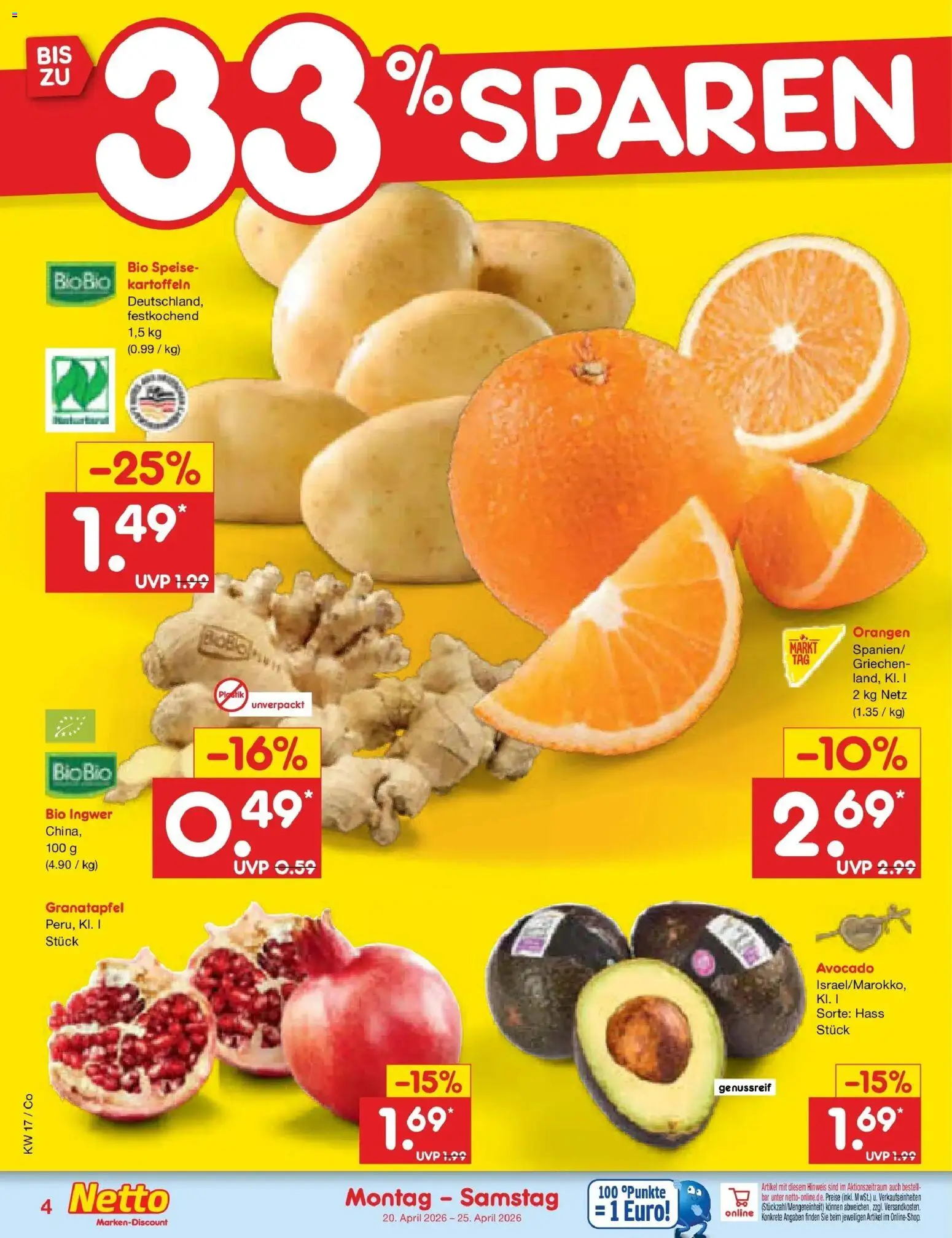 Netto Marken-Discount Prospekt Bitterfeld-Wolfen	 – gültig ab 20.04.2026 | Seite: 6 | Produkte: Granatapfel, Orangen, Avocado, Kartoffeln