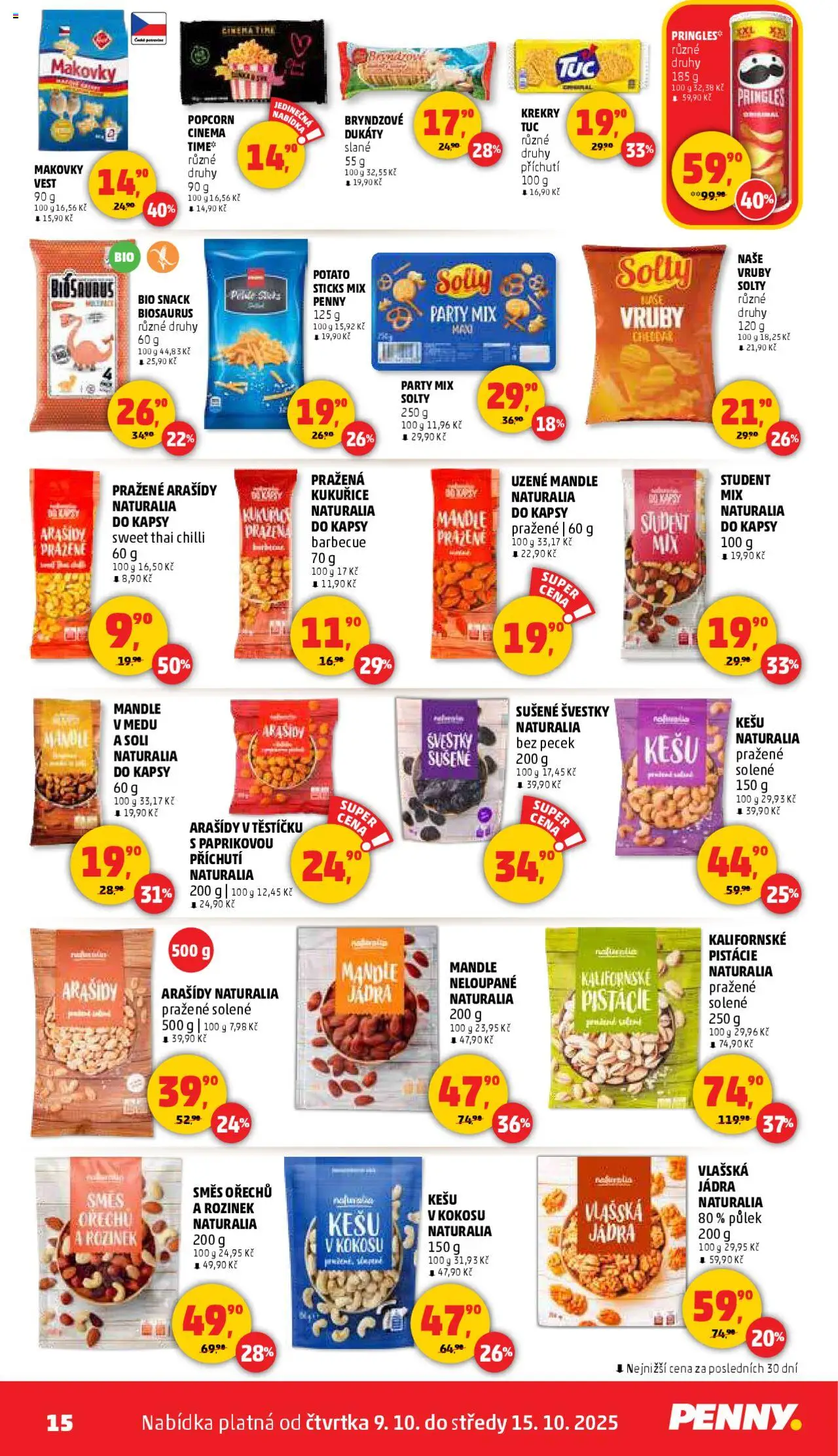 Penny Market leták - Čtvrtečník od 09.10.2025 | Strana: 15 | Produkty: Kešu, Švestky, Arašídy, Party mix