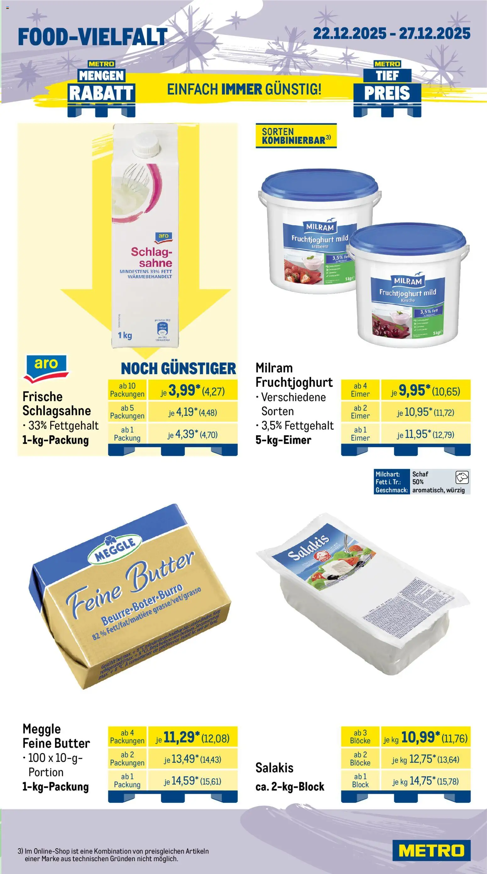 Metro - Wochen-Angebote Gastro – gültig ab 22.12.2025 | Seite: 9 | Produkte: Schlagsahne, Fruchtjoghurt, Milram, Salakis