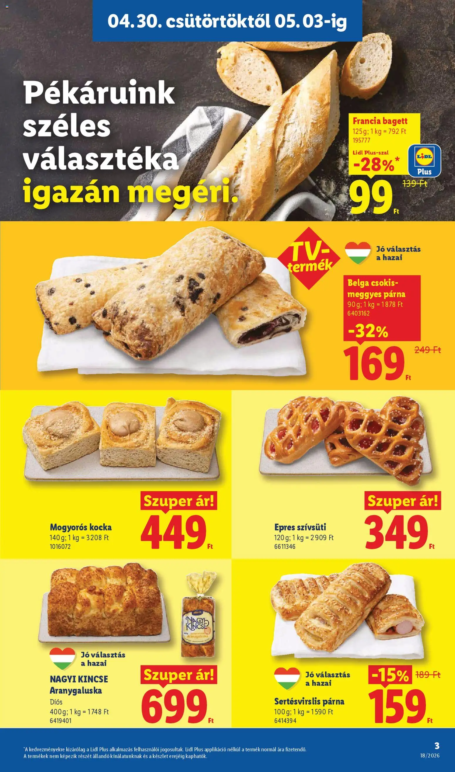 Lidl akciós ujság - amely érvényes a következő dátumtól: 30.04.2026 | Oldal: 3 | Termékek: Bagett, Párna