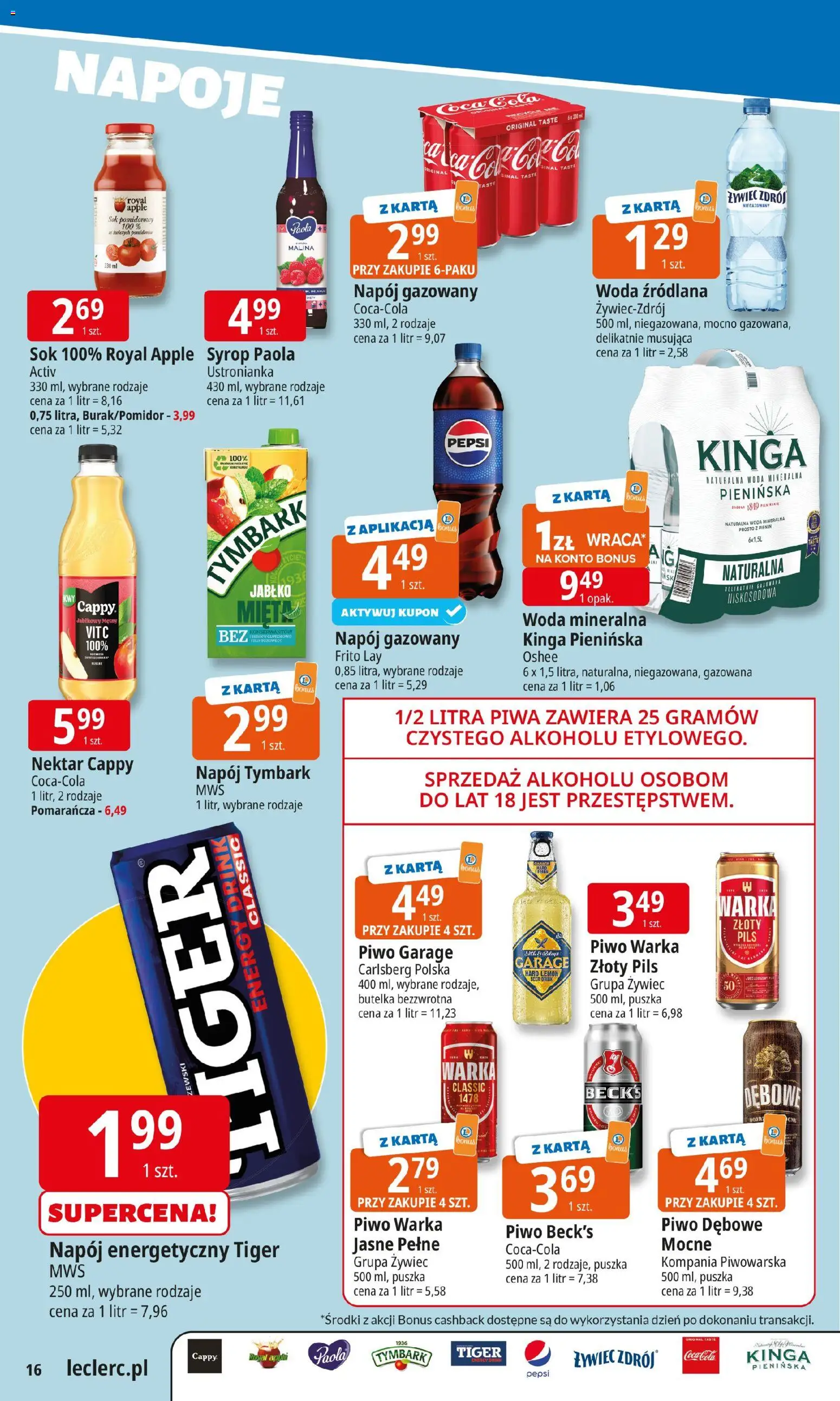 E.Leclerc Gazetka od 10.11.2025 | Strona: 16 | Produkty: Pepsi, Sok, Piwo, Woda
