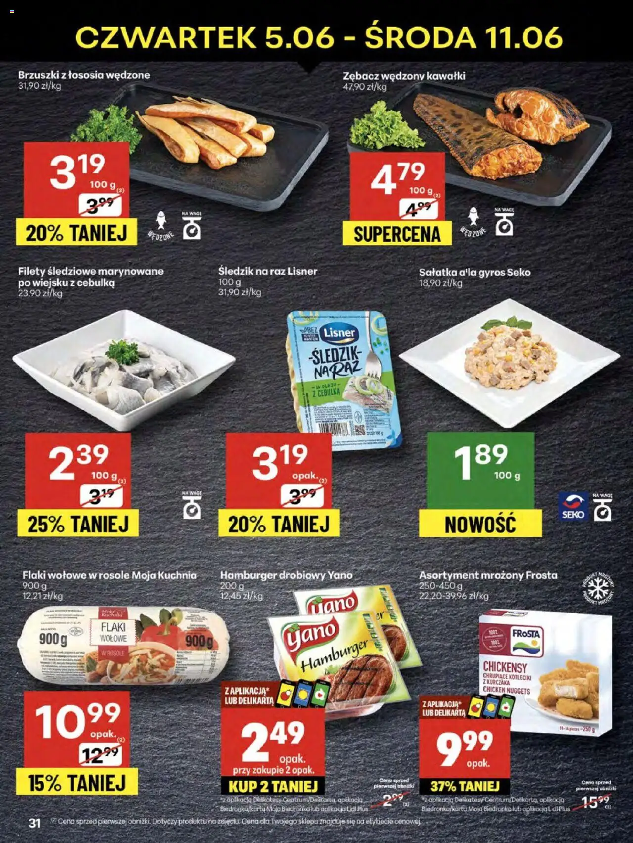 Delikatesy Centrum Gazetka - Sklepy Własne od 05.06.2025 | Strona: 31 | Produkty: Hamburger, Brzuszki z łososia, Nuggets, Sałatka