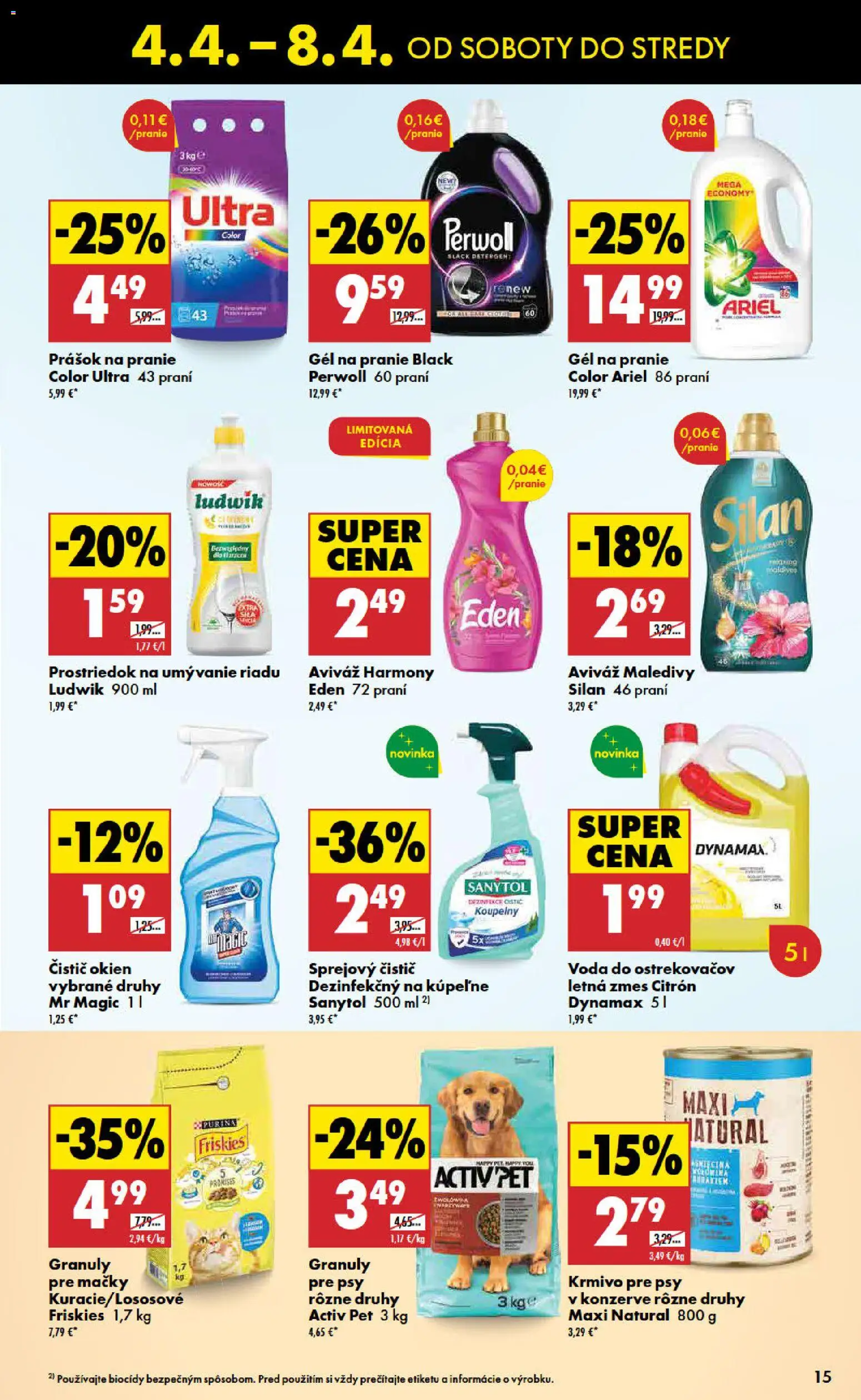 Nové Biedronka akcie – leták je platný od 04.04.2026 | Strana: 15 | Produkty: Čistič okien, Aviváž, Ariel, Voda