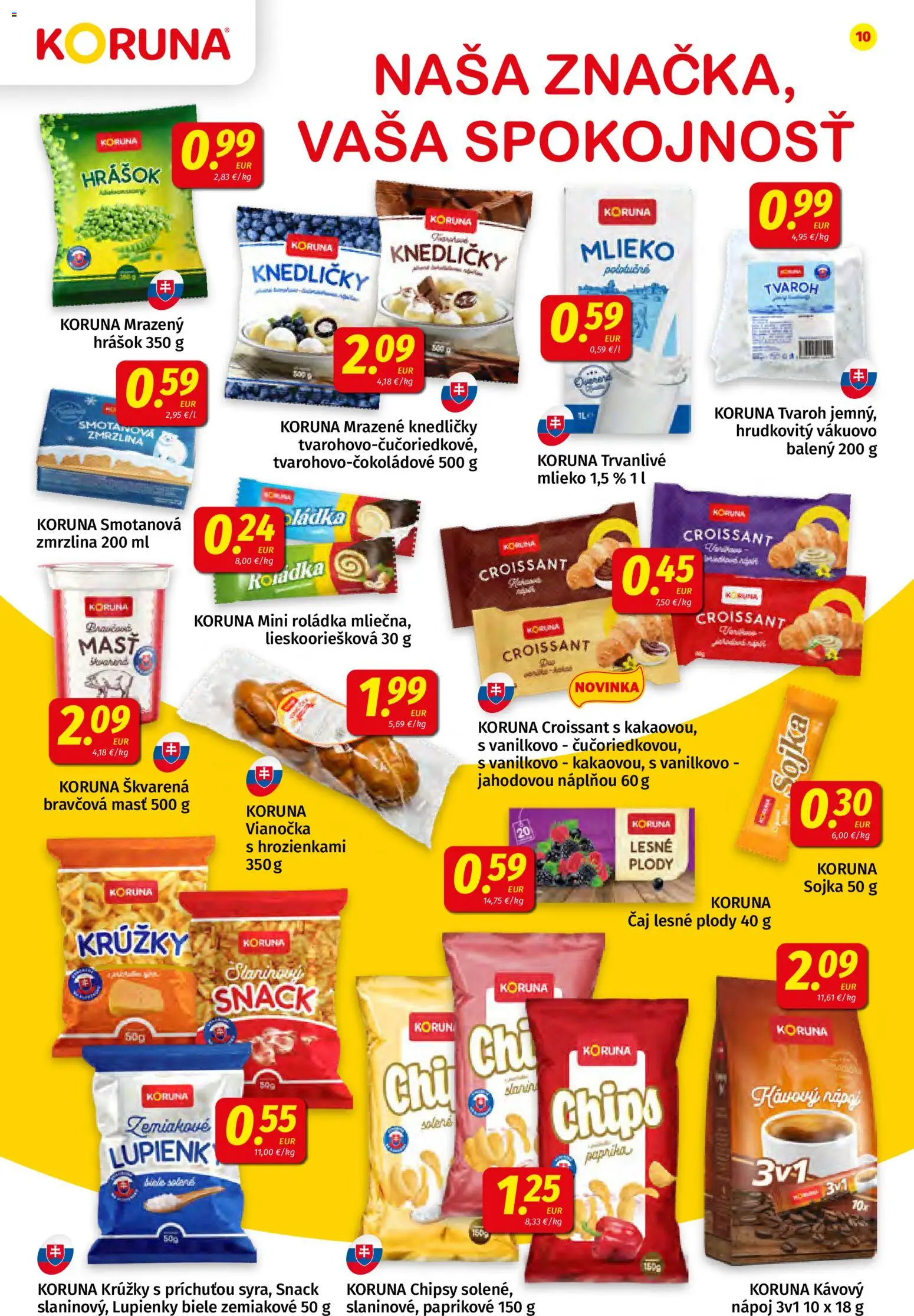 Nové Koruna akcie – leták je platný od 20.03.2026 | Strana: 10 | Produkty: Mlieko, Vianočka, Chipsy, Tvaroh