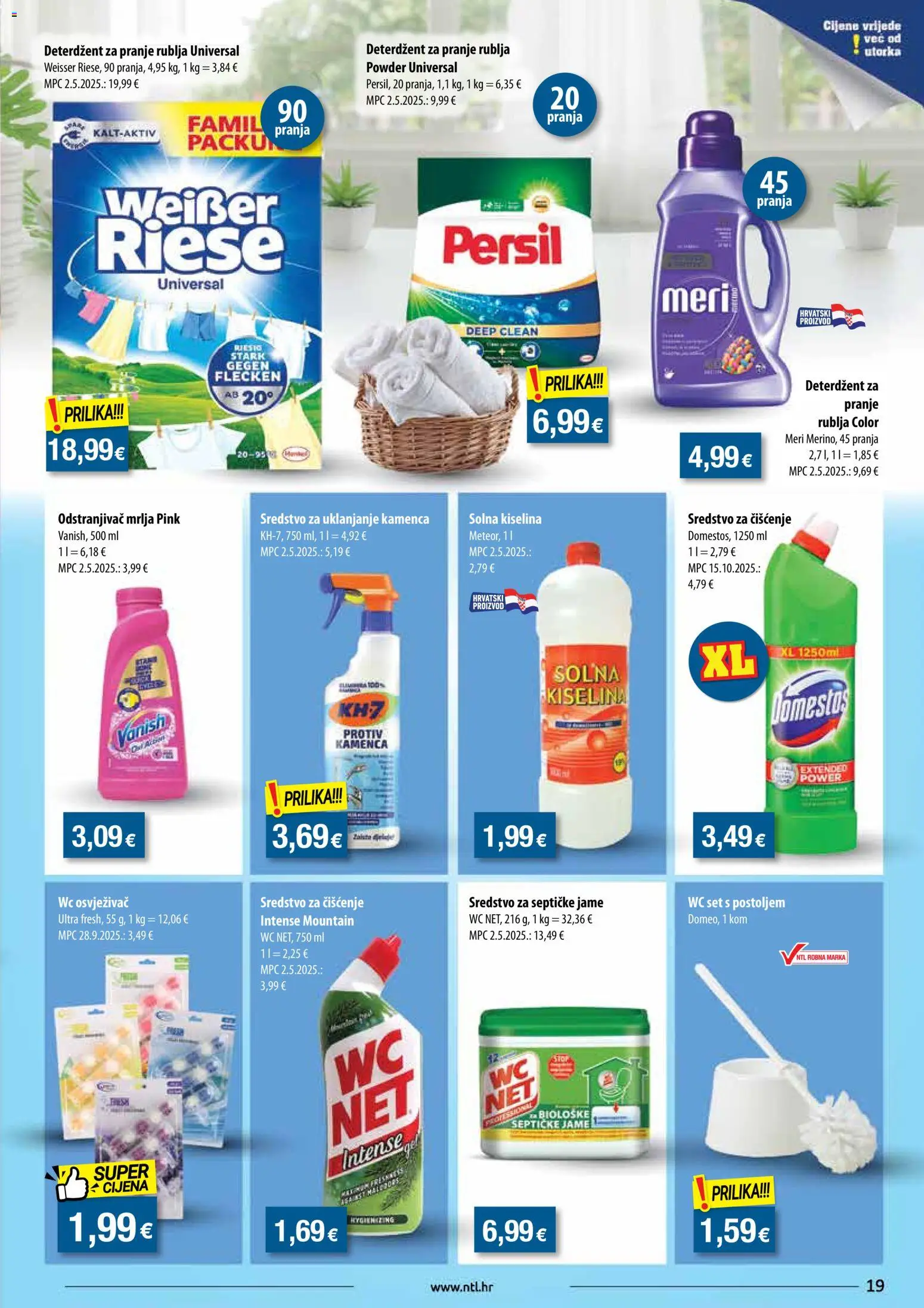 NTL katalog | vrijedi od 29.10.2025 | Stranica: 19 | Proizvodi: Deterdžent za pranje rublja, Solna kiselina, Odstranjivač mrlja, Domestos