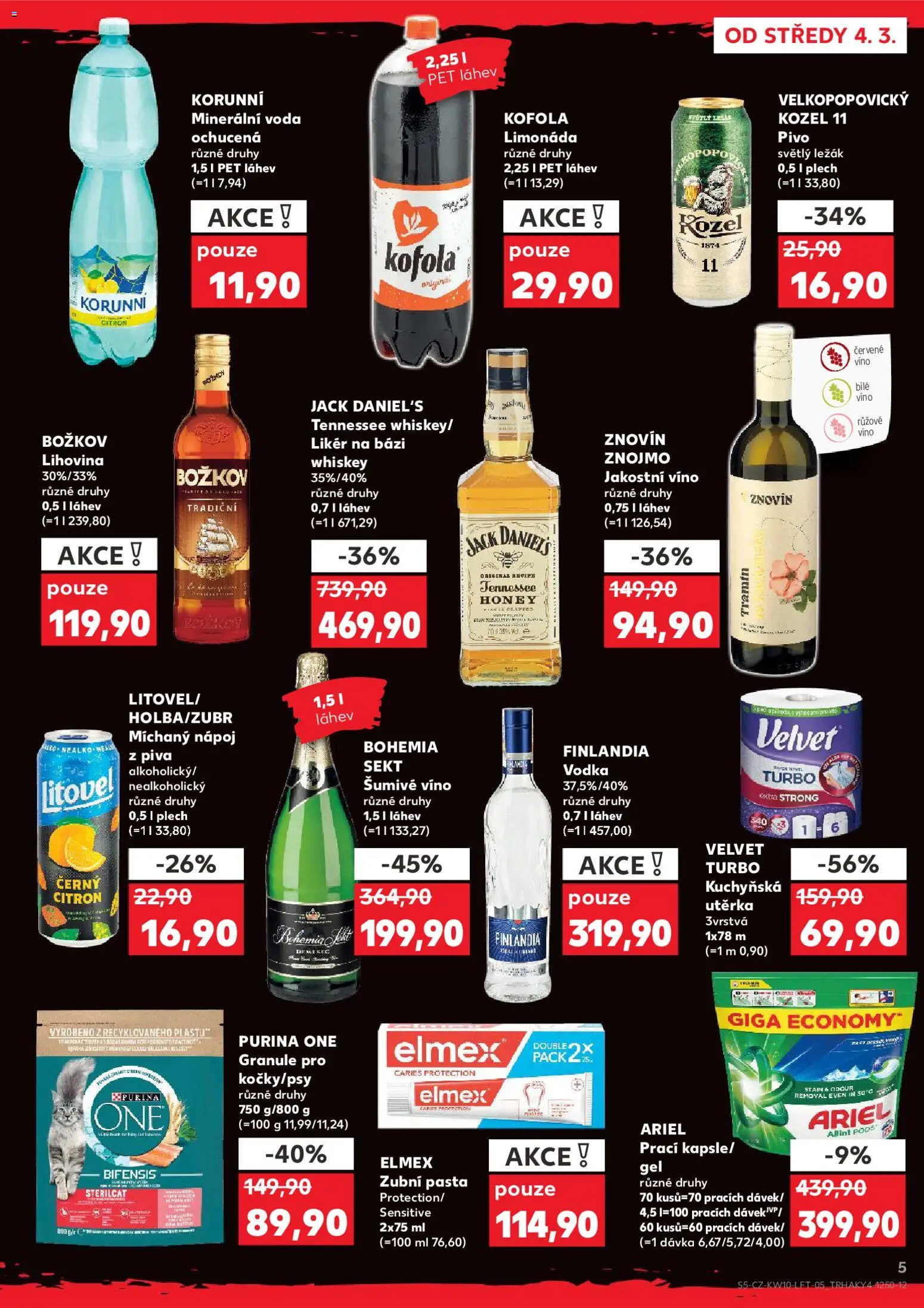 Kaufland leták od 04.03.2026 | Strana: 5 | Produkty: Sekt, Velkopopovický Kozel, Ariel, Velvet Turbo