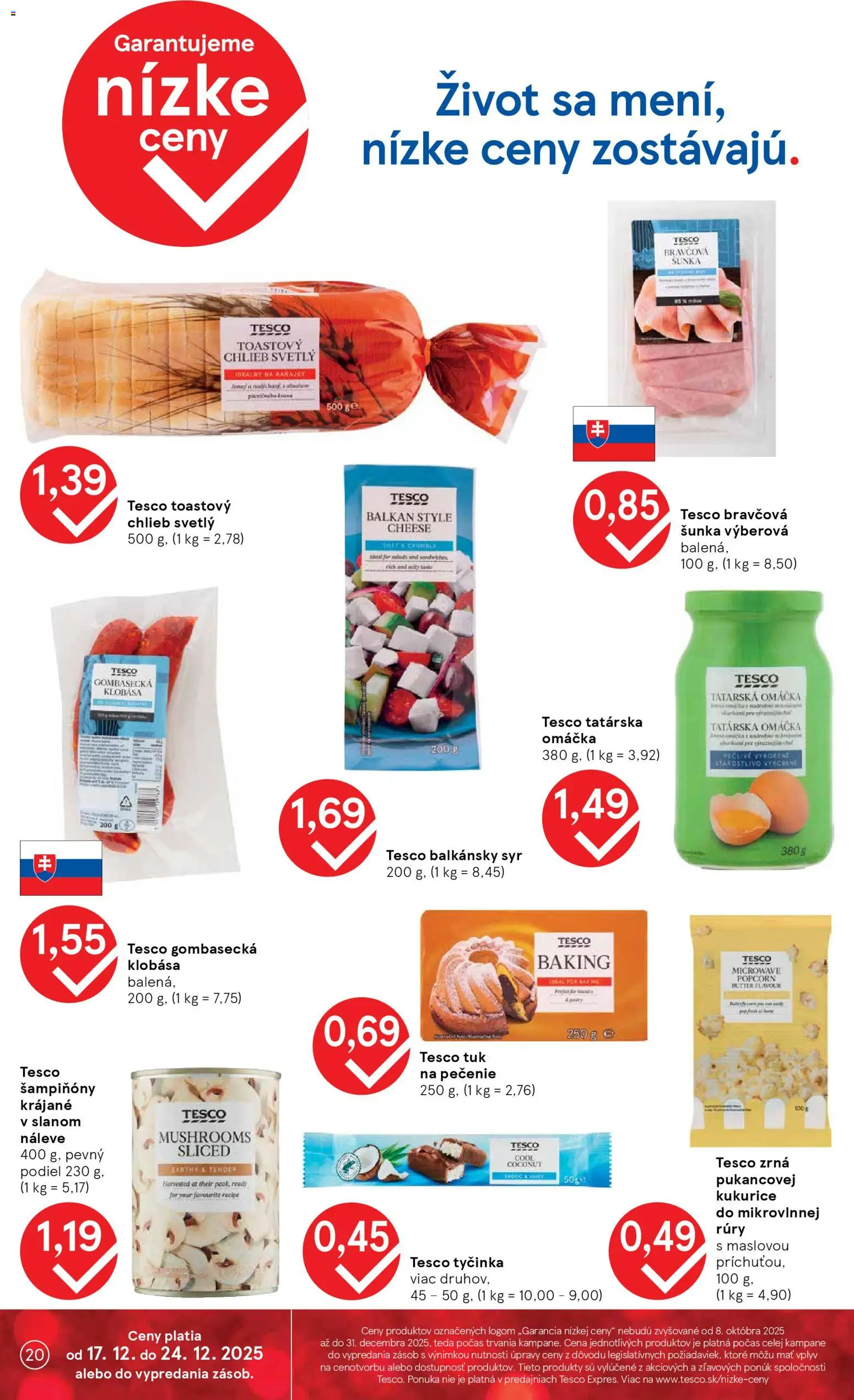 Nové Tesco akcie – leták je platný od 17.12.2025 | Strana: 20 | Produkty: Chlieb, Šunka, Klobása, Tatárska omáčka