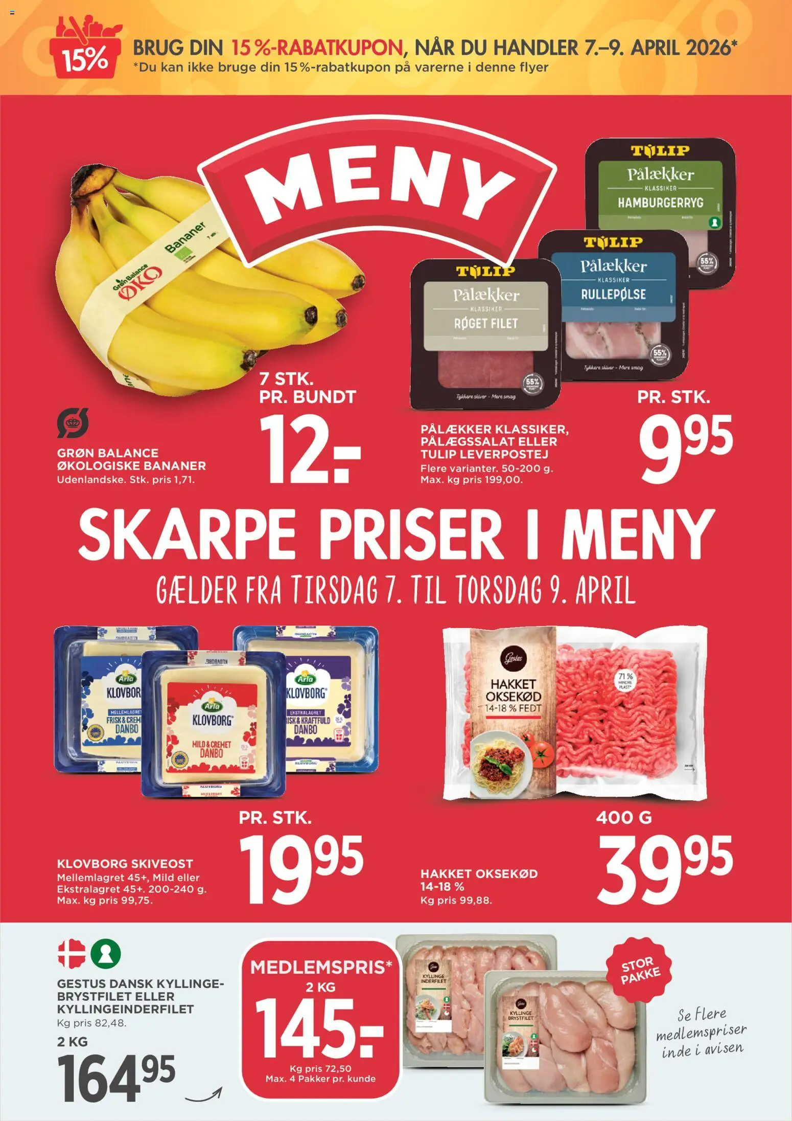 Meny tilbudsavis – gyldig fra 07.04.2026 | Side: 1 | Produkter: Bananer, Oksekød, Skiveost, Hamburgerryg