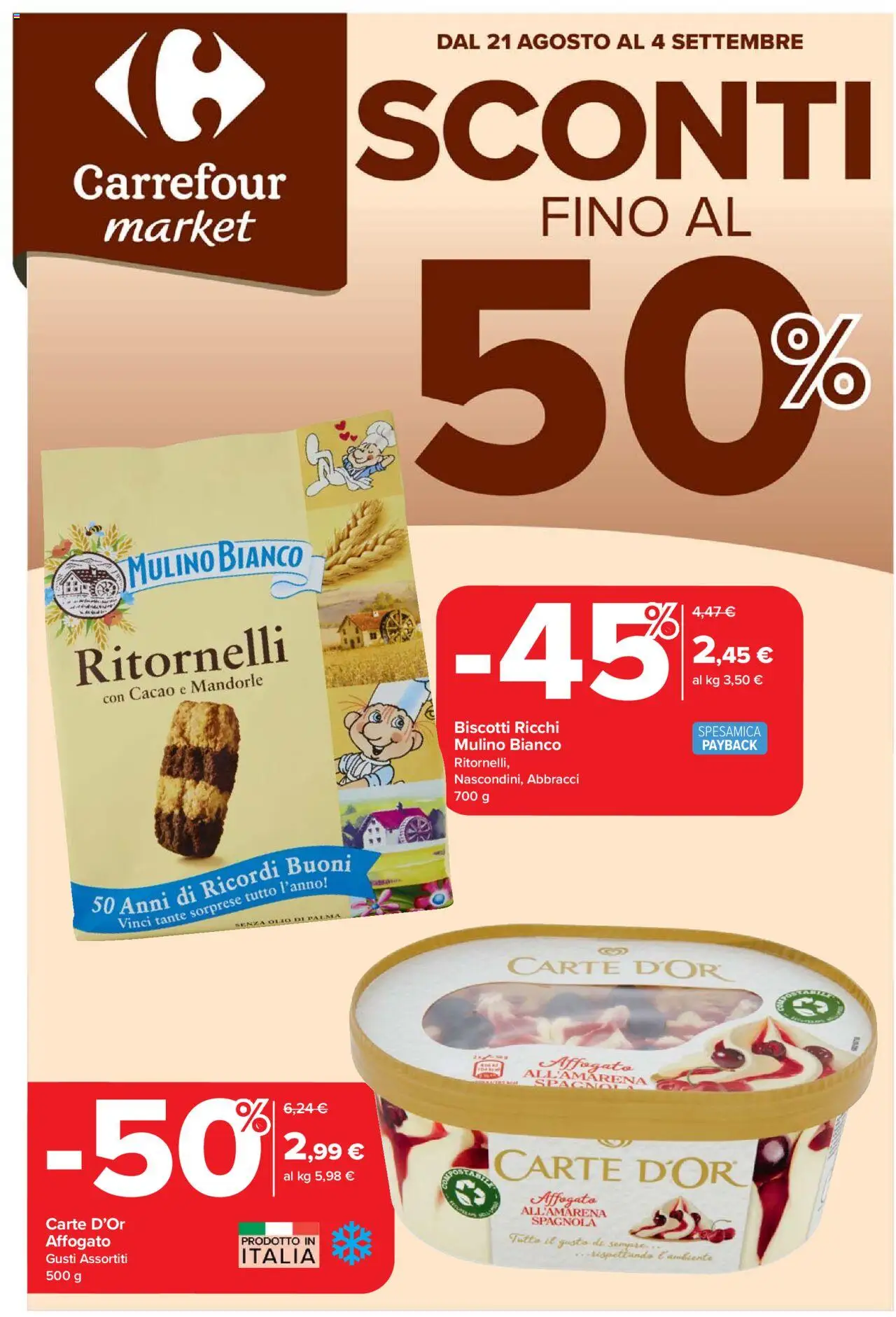 Volantino Carrefour del 21.08.2025 | Pagina: 1 | Prodotti: Biscotti, Olio, Mandorle, Cacao