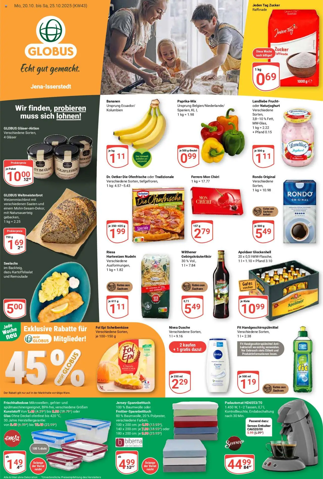 Globus Prospekt 	 – gültig ab 20.10.2025 | Seite: 1 | Produkte: Senseo, Dusche, Bananen, Ofenfrische