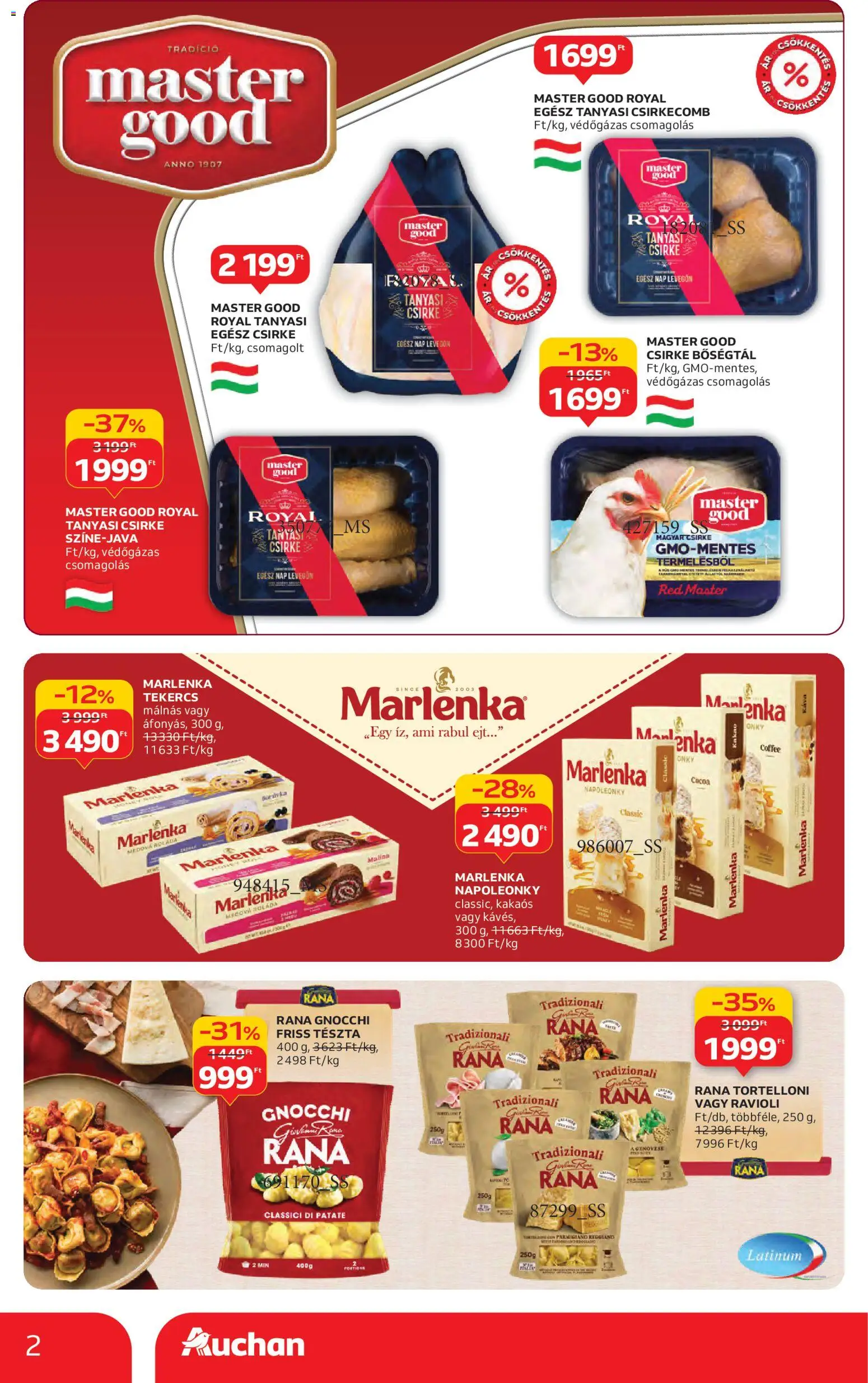 Auchan akciós ujság - amely érvényes a következő dátumtól: 06.11.2025 | Oldal: 2 | Termékek: Egész csirke, Tanyasi csirke, Tészta, Gnocchi