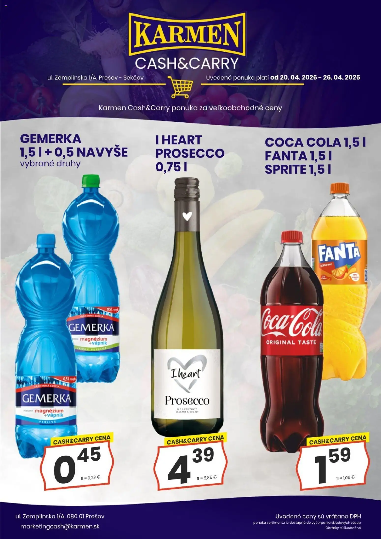 Nové KARMEN CBA akcie – leták je platný od 20.04.2026 | Strana: 2 | Produkty: Prosecco, Sprite, Cola, Gemerka