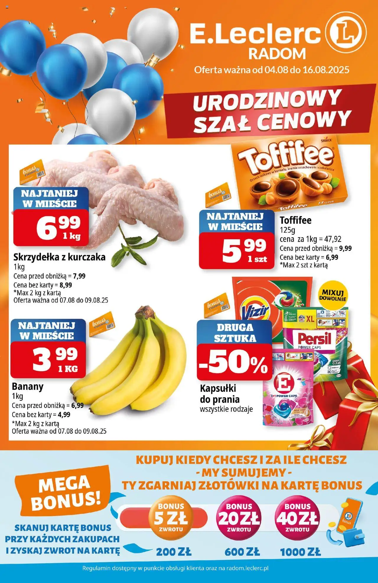 E.Leclerc Gazetka - Radom od 04.08.2025 | Strona: 1 | Produkty: Skrzydełka z kurczaka, Szal, Persil, Toffifee