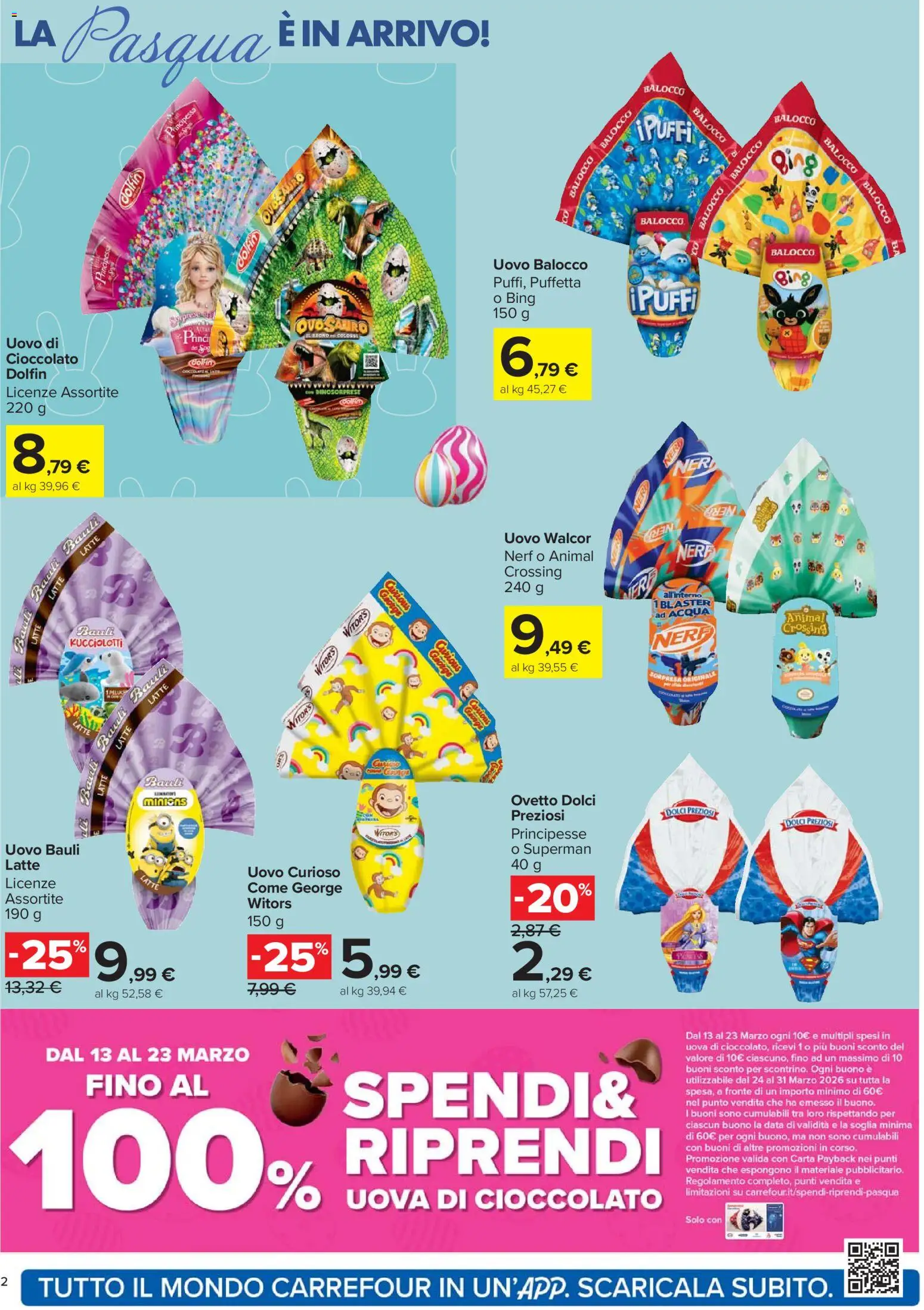 Volantino Carrefour del 13.03.2026 | Pagina: 2 | Prodotti: Uova, Cioccolato, Acqua, Data