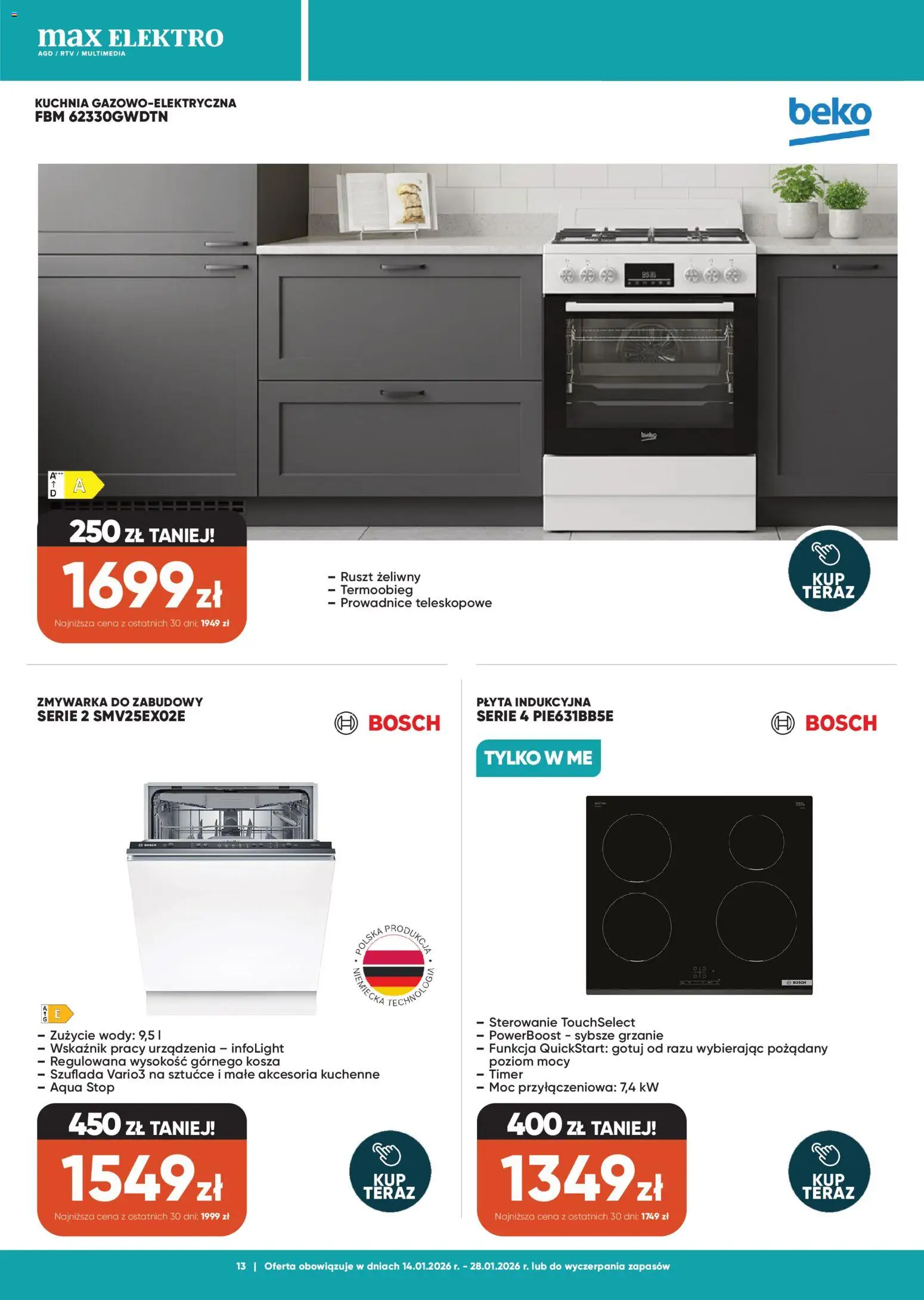 Max elektro Gazetka od 14.01.2026 | Strona: 13 | Produkty: Płyta indukcyjna, Zmywarka, Ruszt, Sztućce