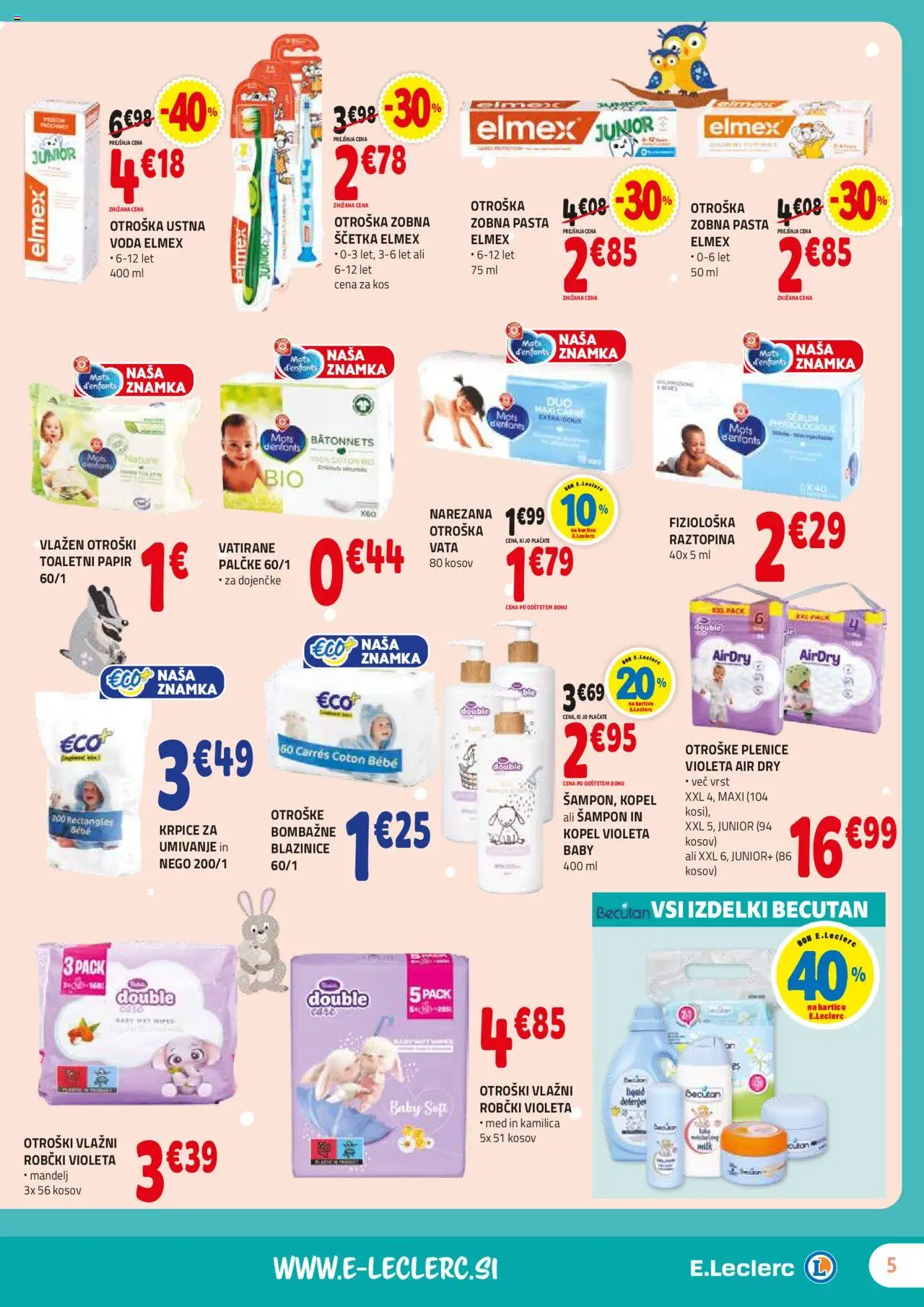 Novi E.leclerc katalog ponudbe – veljaven od 01.10.2025 | Stran: 5 | Izdelki: Plenice, Robčki, Zobna pasta, Voda