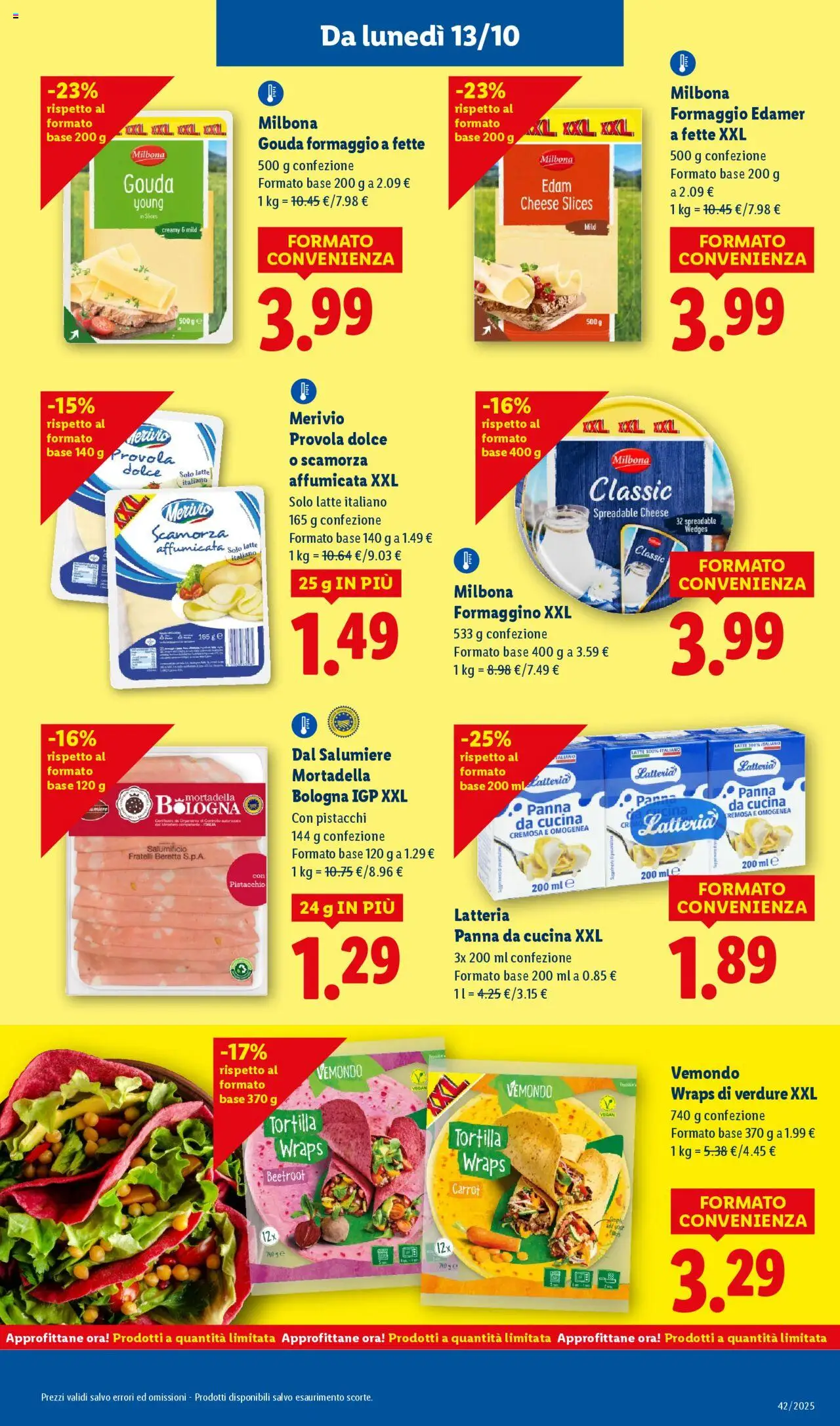 Volantino Lidl del 13.10.2025 | Pagina: 9 | Prodotti: Panna, Verdure, Mortadella, Provola