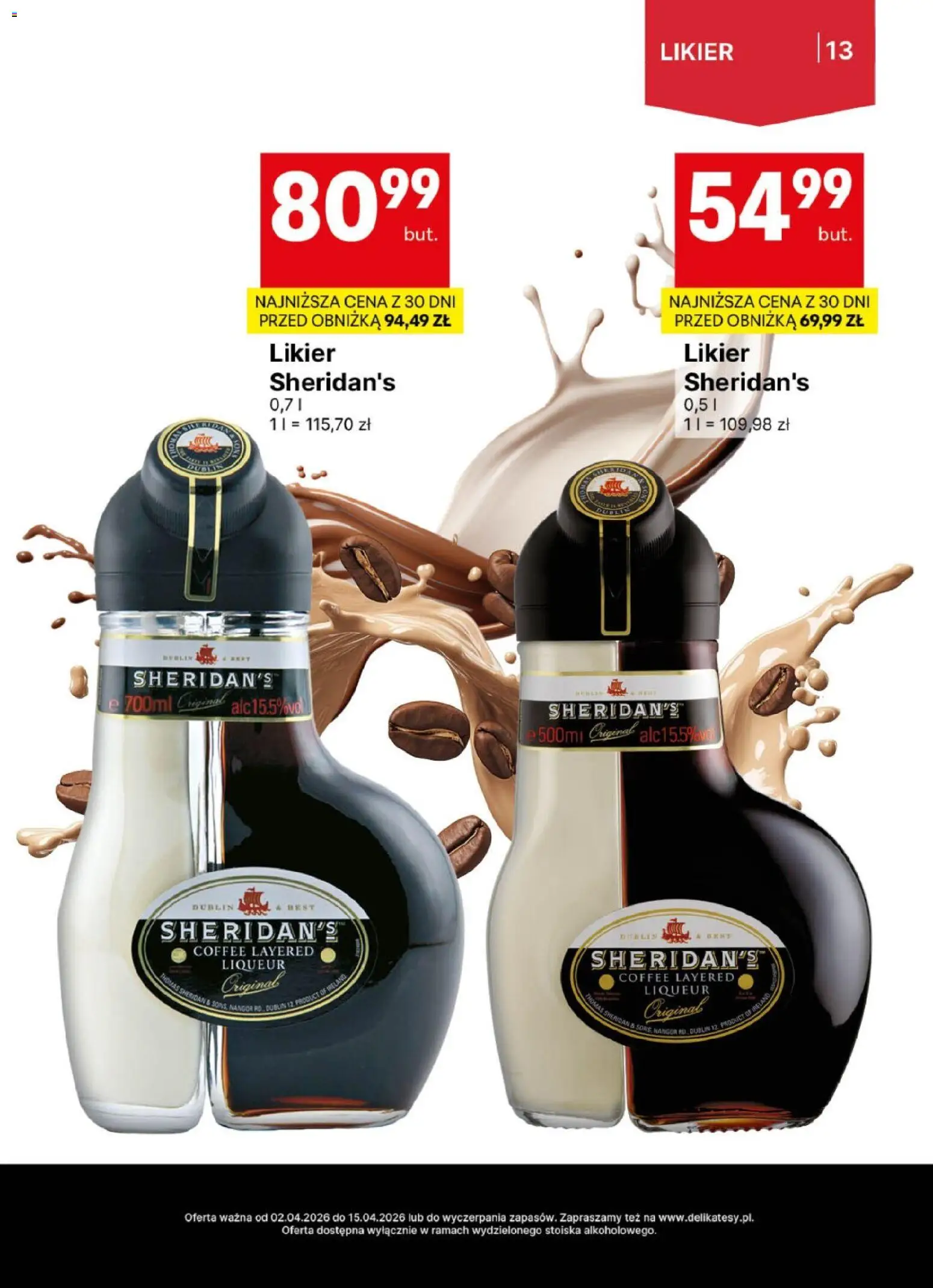 Delikatesy Centrum gazetka - DeliBarek od 02.04.2026 | Strona: 13 | Produkty: Likier Sheridan's