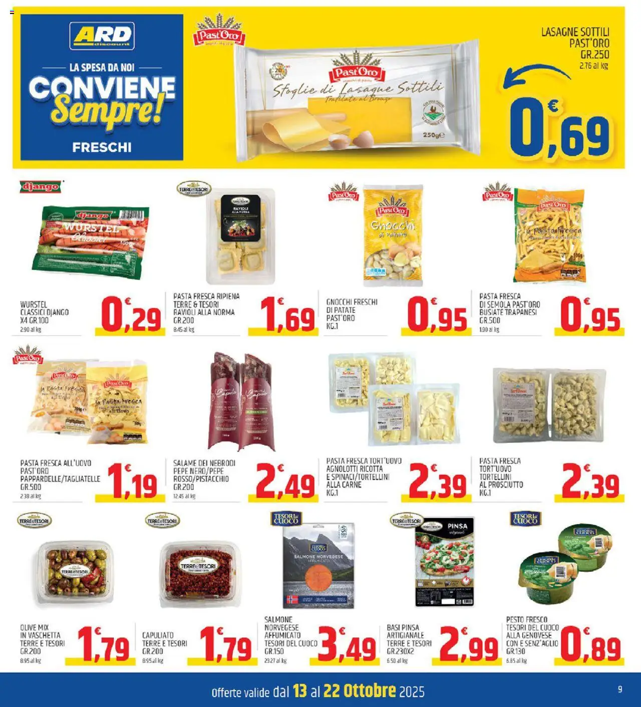 Volantino ARD Discount del 13.10.2025 | Pagina: 9 | Prodotti: Salmone, Patate, Prosciutto, Pasta