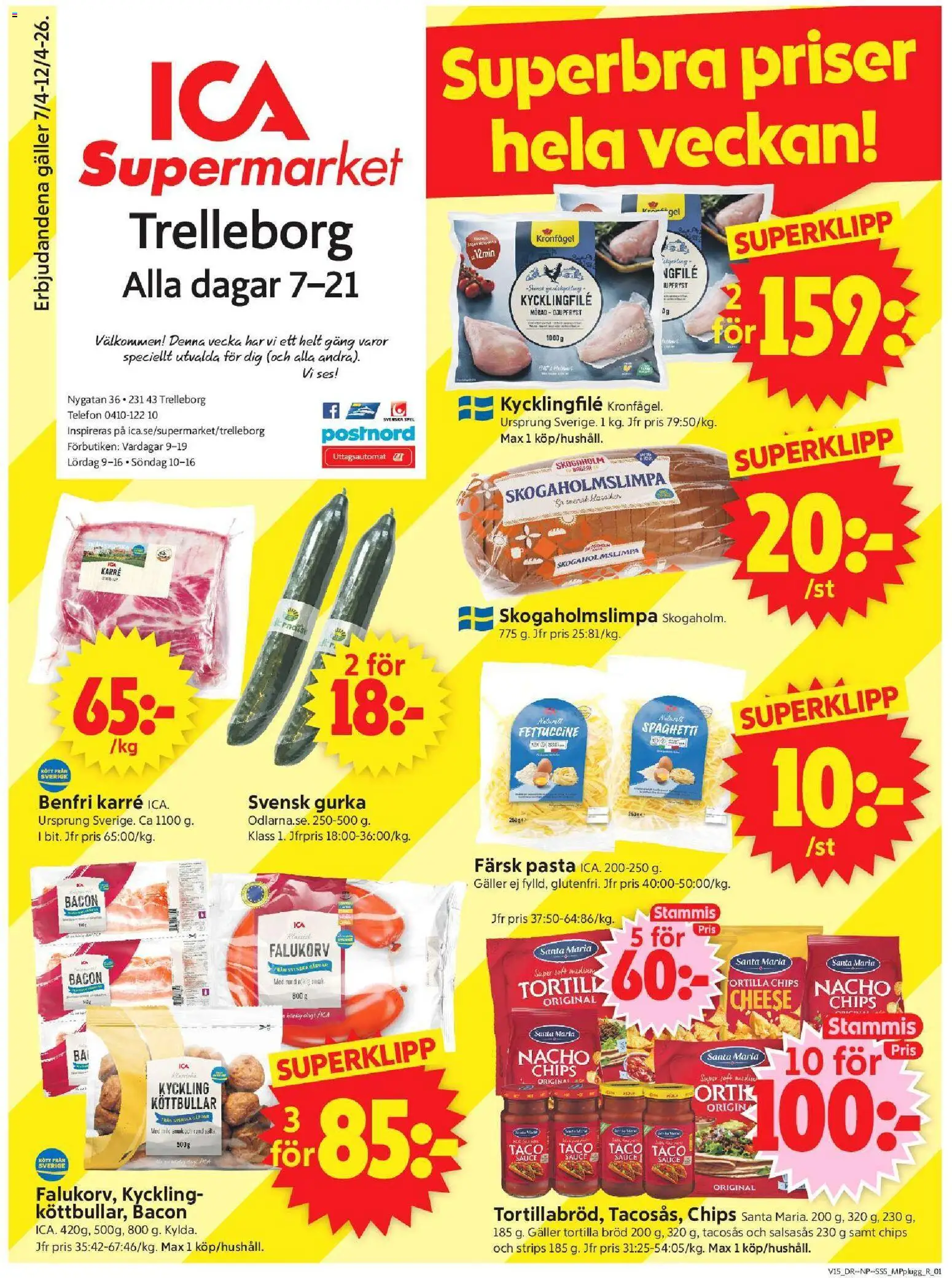 ICA Supermarket reklamblad aktuell från 06.04.2026 | Sida: 1 | Produkter: Köttbullar, Kycklingfile, Galler, Falukorv