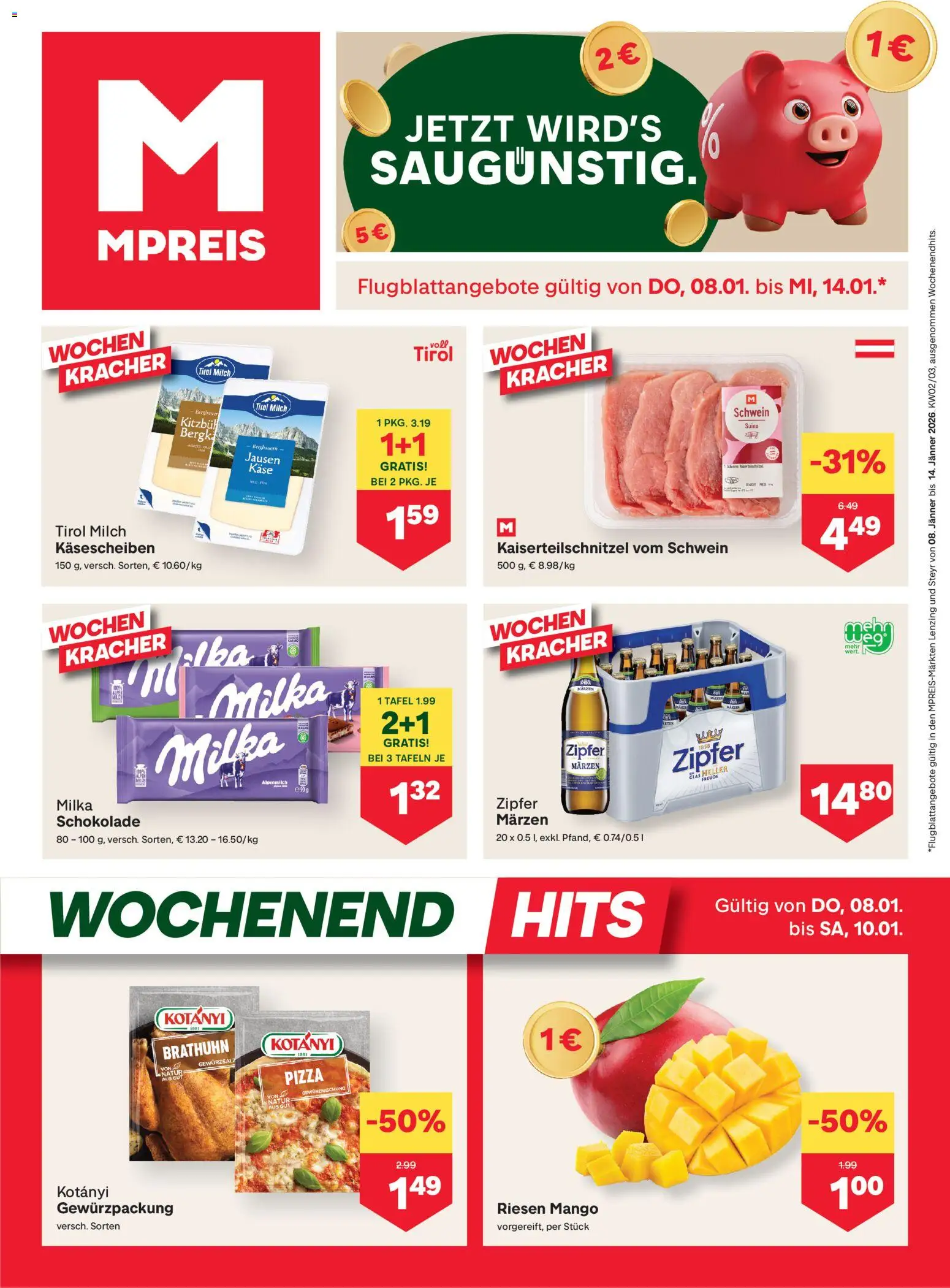 MPREIS Oberösterreich gültig ab 08.01.2026 | Seite: 1 | Produkte: Milch, Käse, Schokolade, Pizza