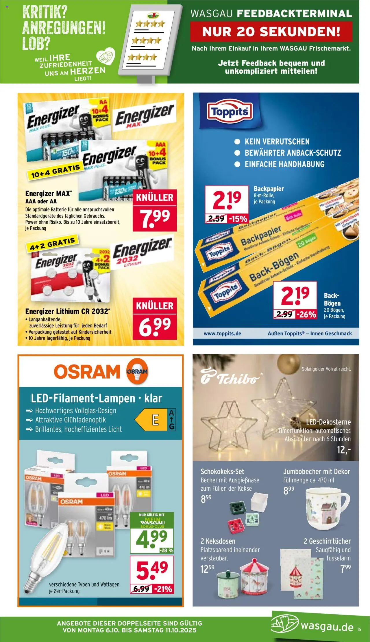 Wasgau Prospekt 	 – gültig ab 06.10.2025 | Seite: 15 | Produkte: Batterie, Kekse