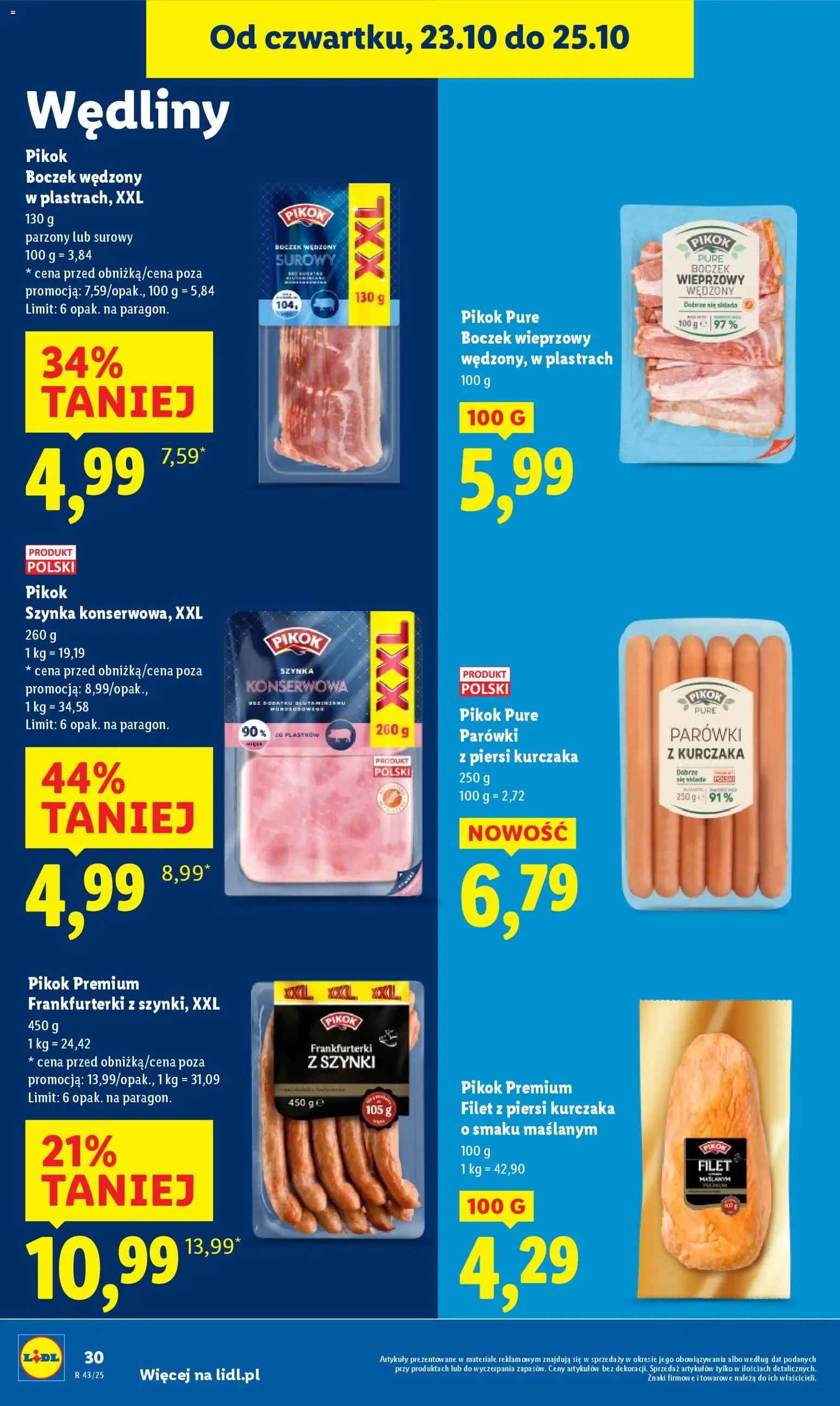 Lidl Gazetka od 23.10.2025 | Strona: 34 | Produkty: Piersi, Frankfurterki, Parówki, Boczek wędzony