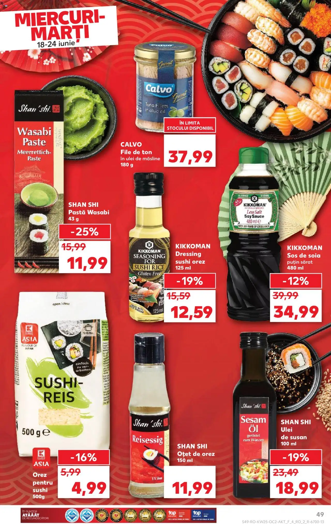 Kaufland RO akciós ujság - amely érvényes a következő dátumtól: 18.06.2025 | Oldal: 49 | Termékek: Sushi, Wasabi