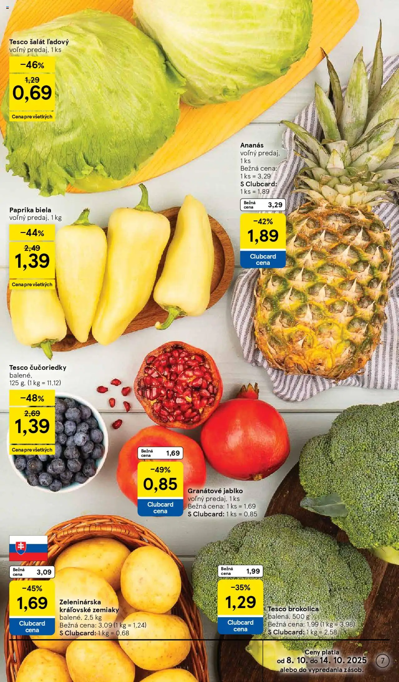 Nové Tesco akcie – leták je platný od 08.10.2025 | Strana: 7 | Produkty: Paprika, Brokolica, Čučoriedky, Zemiaky