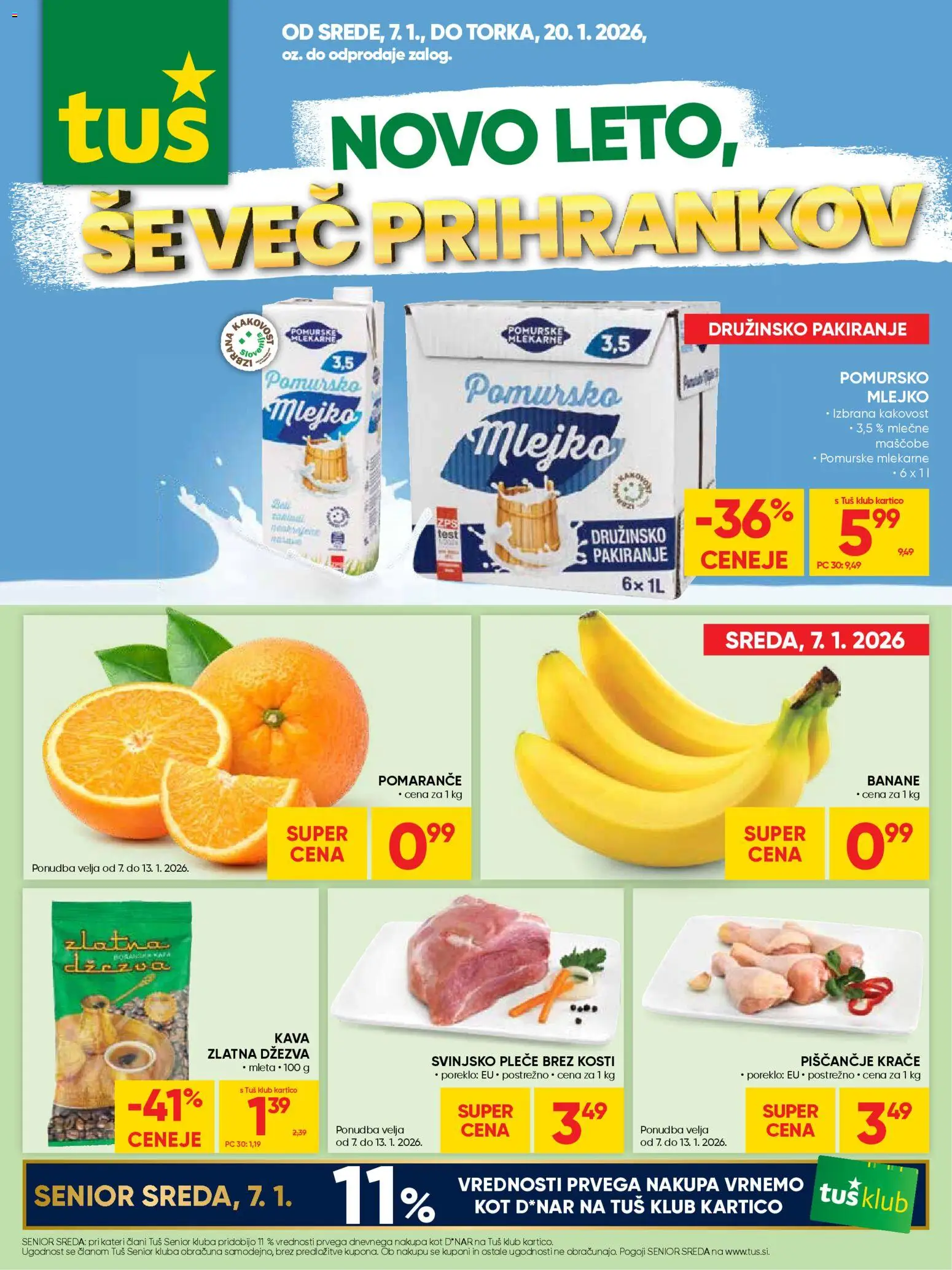 Novi Tuš katalog ponudbe – veljaven od 07.01.2026 | Stran: 1 | Izdelki: Kava, Pomarance, Banane