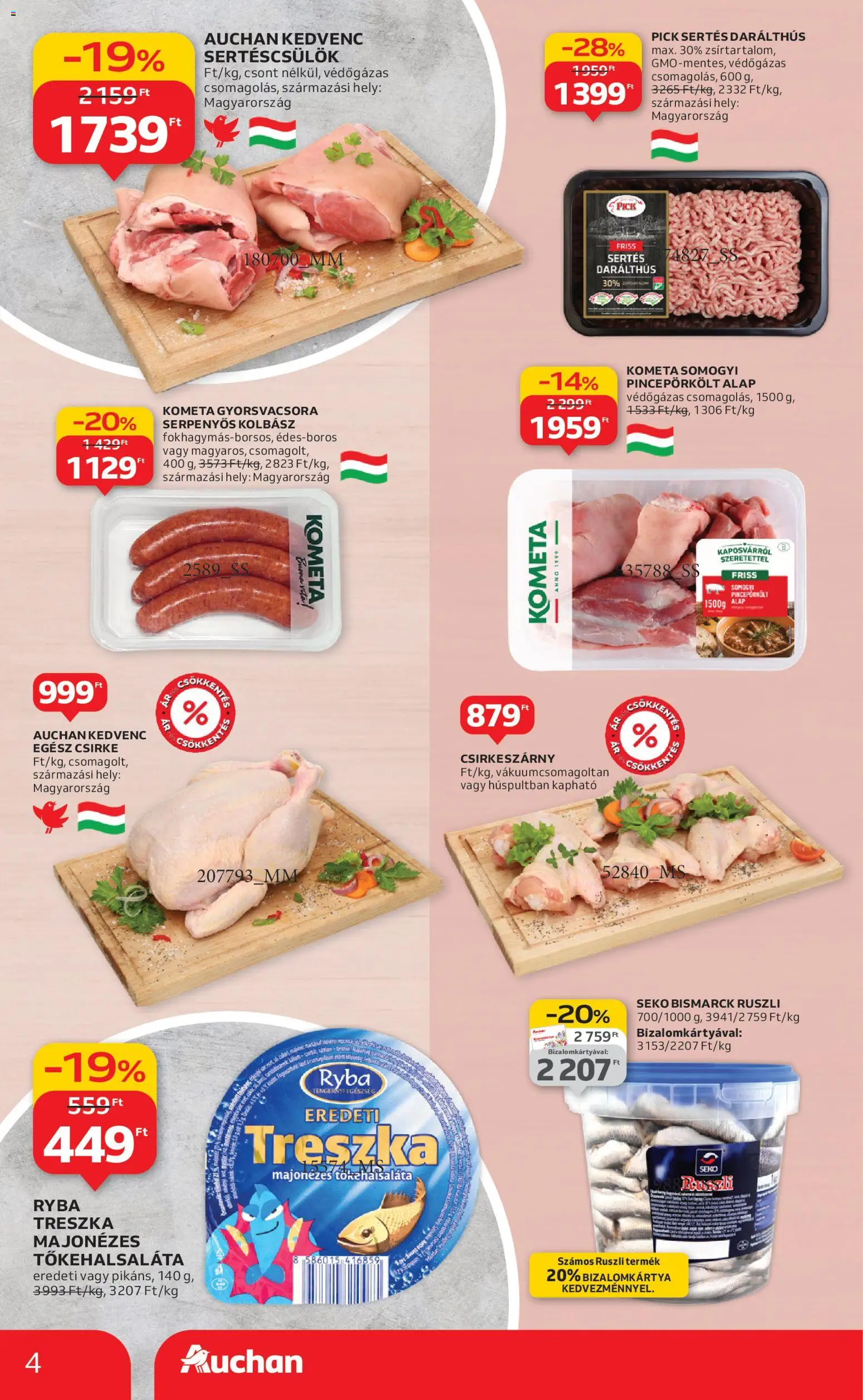 Auchan akciós ujság - amely érvényes a következő dátumtól: 02.01.2026 | Oldal: 4 | Termékek: Kolbász, Egész csirke, Sertéscsülök, Pick
