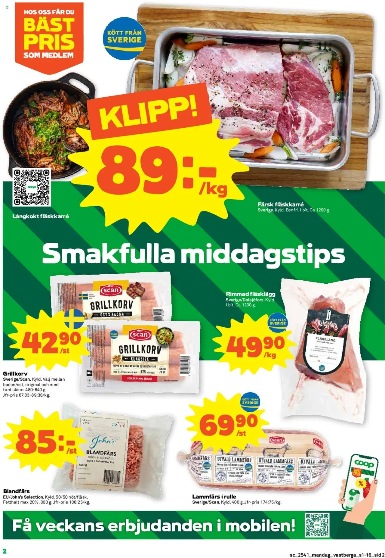 Coop Forum reklamblad aktuell från 06.10.2025 | Sida: 2 | Produkter: Bacon, Grillkorv, Blandfärs, Ost