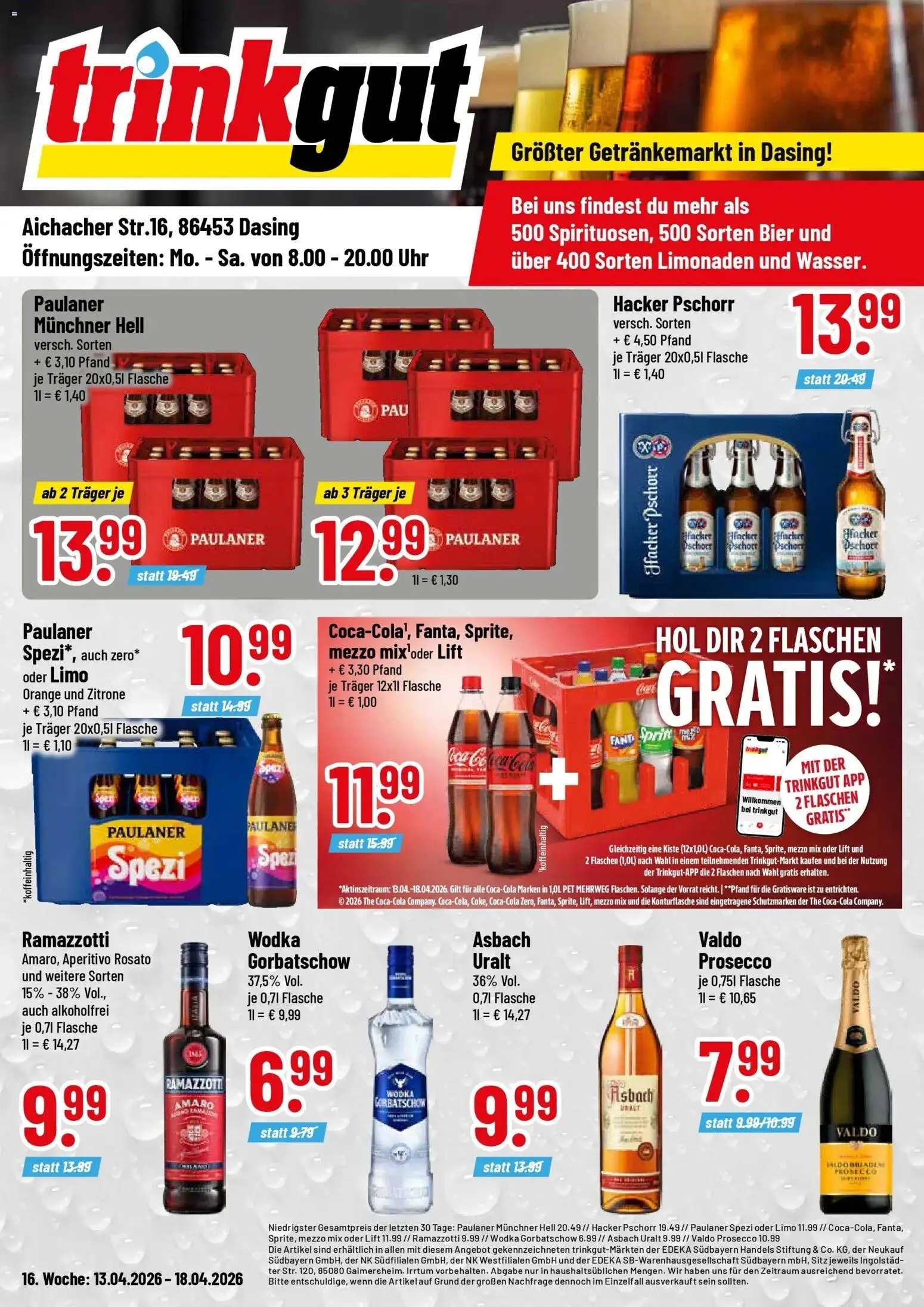 Trinkgut Prospekt Dasing	 – gültig ab 12.04.2026 | Seite: 1 | Produkte: Mezzo mix, Bier, Paulaner spezi, Wodka gorbatschow