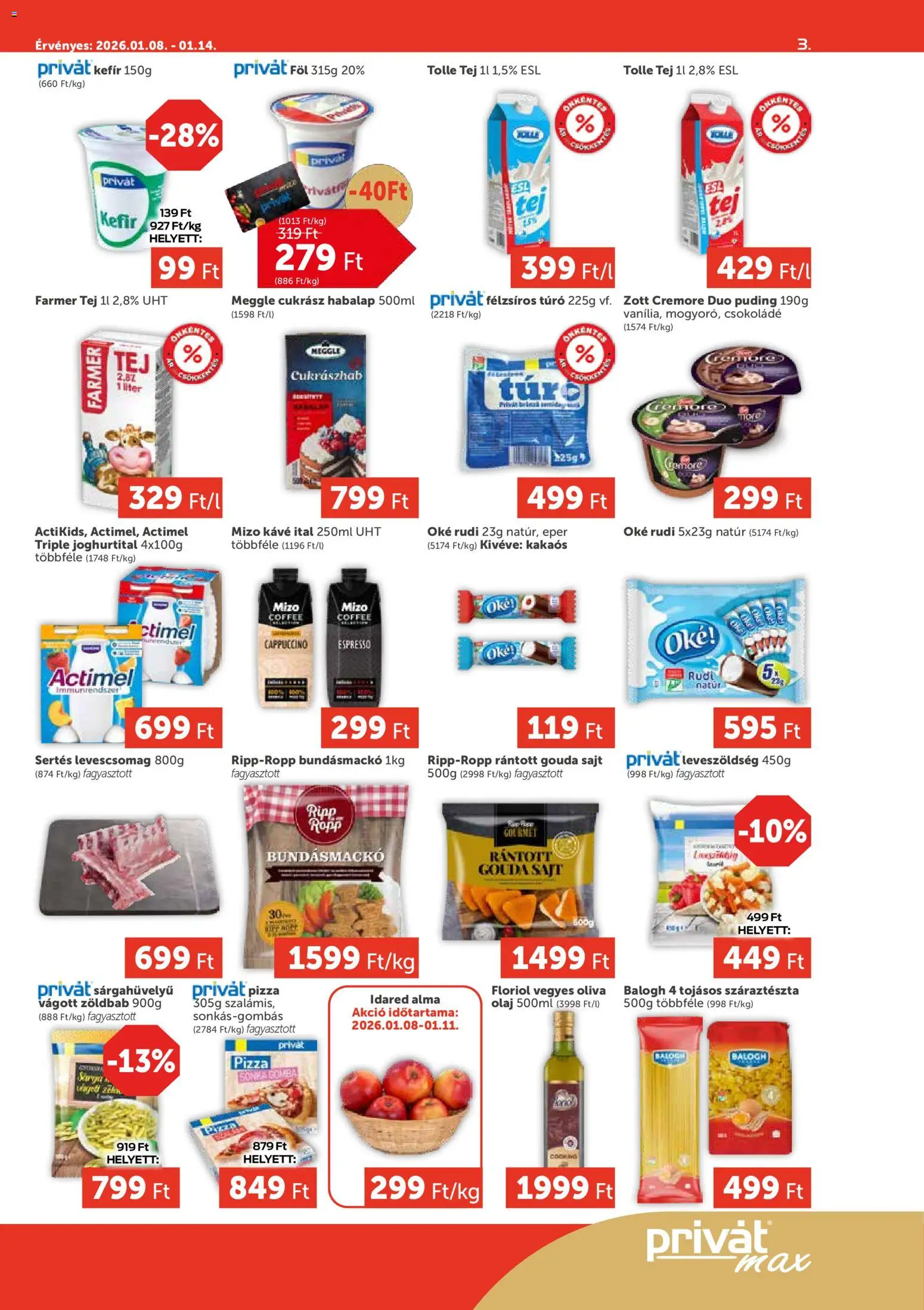 PRIVÁT akciós ujság - amely érvényes a következő dátumtól: 08.01.2026 | Oldal: 3 | Termékek: Cappuccino, Csokoládé, Száraztészta, Túró
