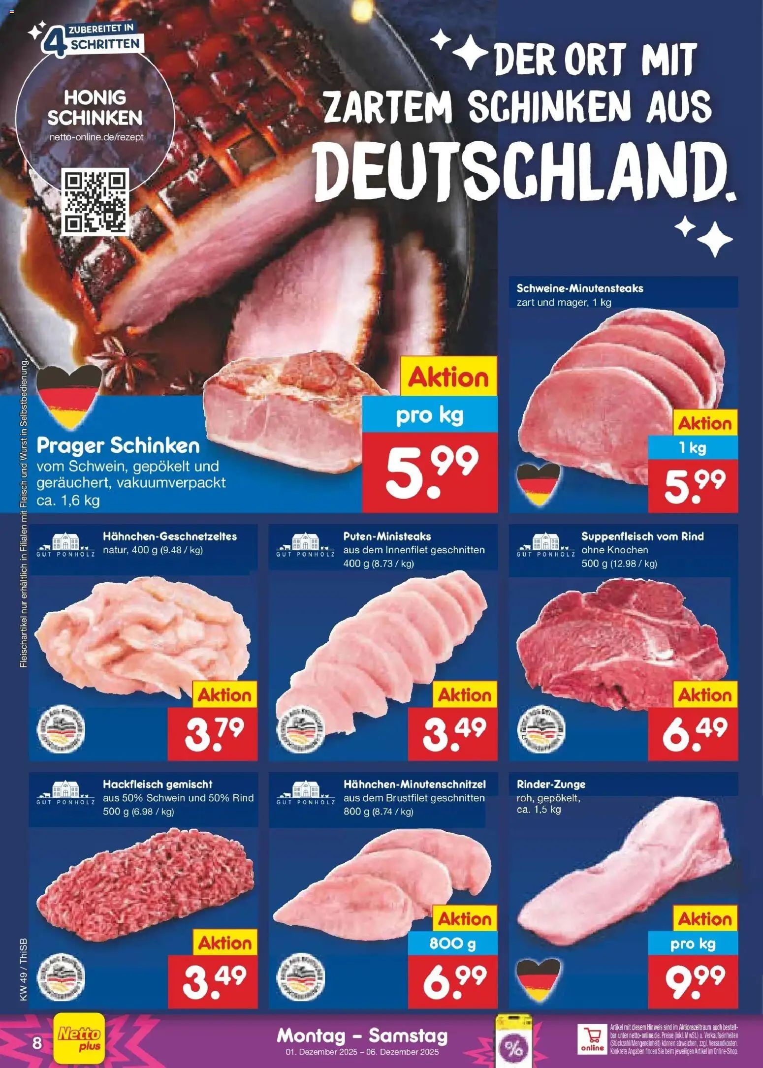 Netto Marken-Discount prospekt Spremberg	 – gültig ab 01.12.2025 | Seite: 8 | Produkte: Suppenfleisch, Schinken, Fleisch, Hackfleisch