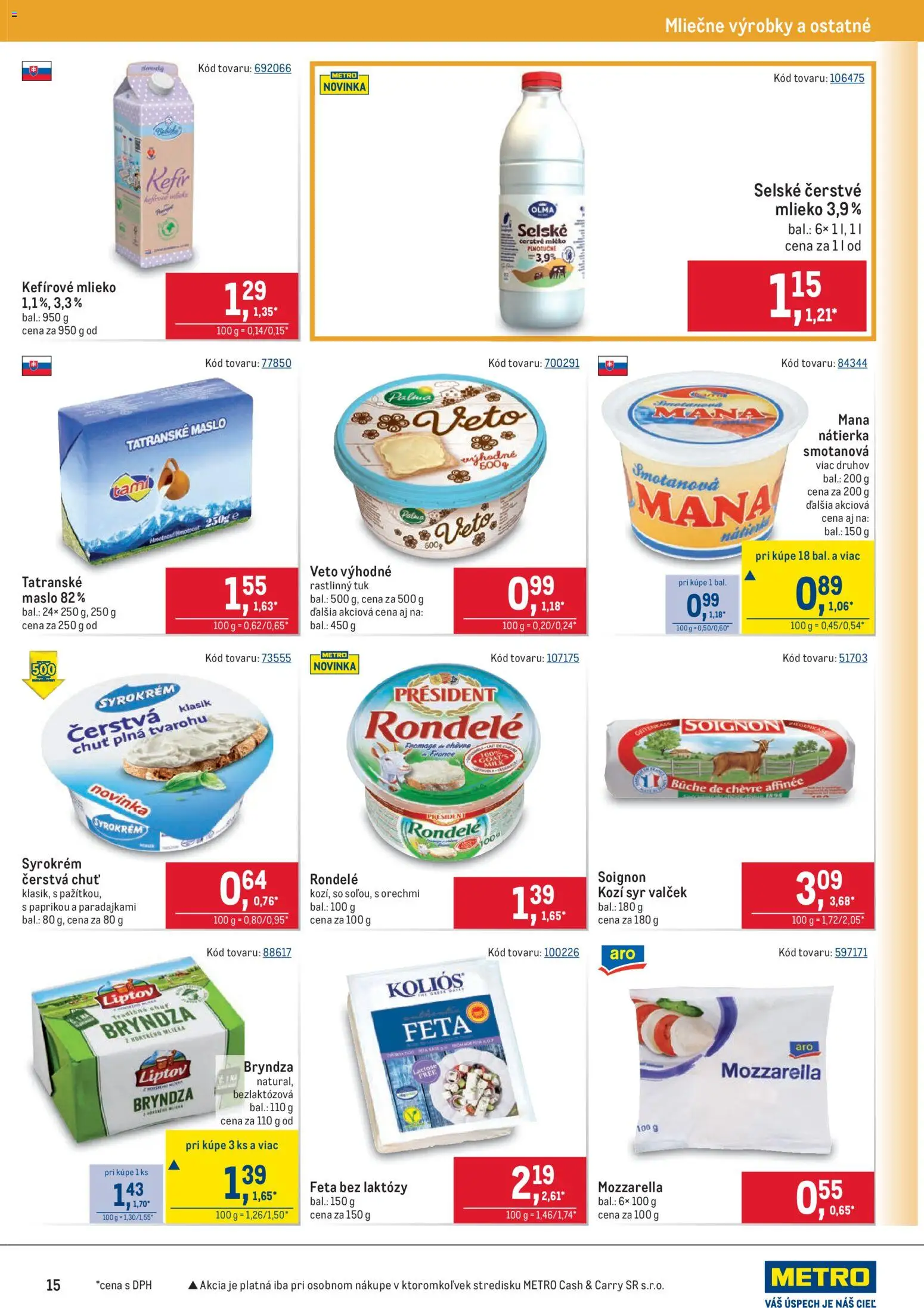 Nové Metro akcie – leták je platný od 25.03.2026 | Strana: 15 | Produkty: Maslo, Syr, Mozzarella, Feta