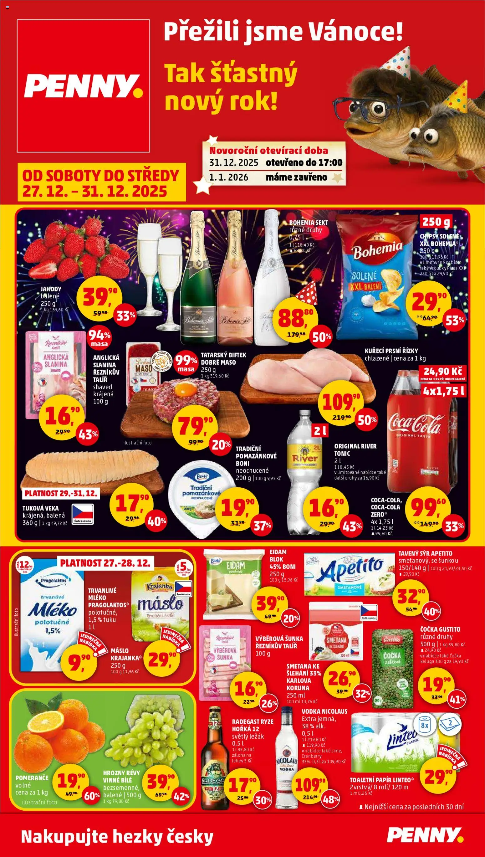 Penny Market leták - Čtvrtečník od 27.12.2025 | Strana: 1 | Produkty: Mléko, Pizza, Radegast, Slanina