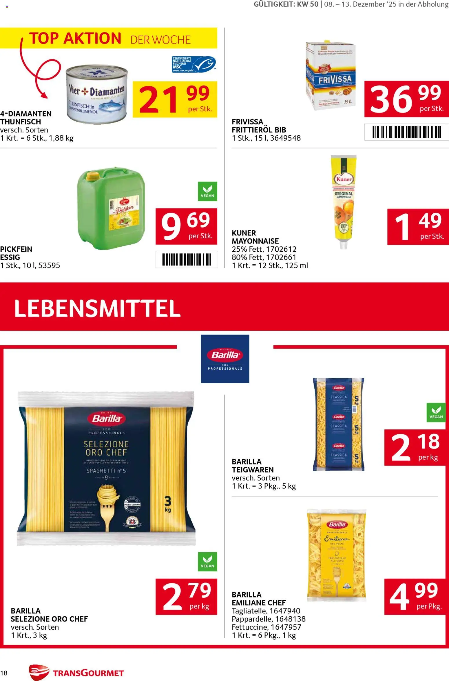 Transgourmet Flugblatt gültig ab 08.12.2025 | Seite: 18 | Produkte: Mayonnaise, Libacomb, Huile à frire, Hajdina liszt