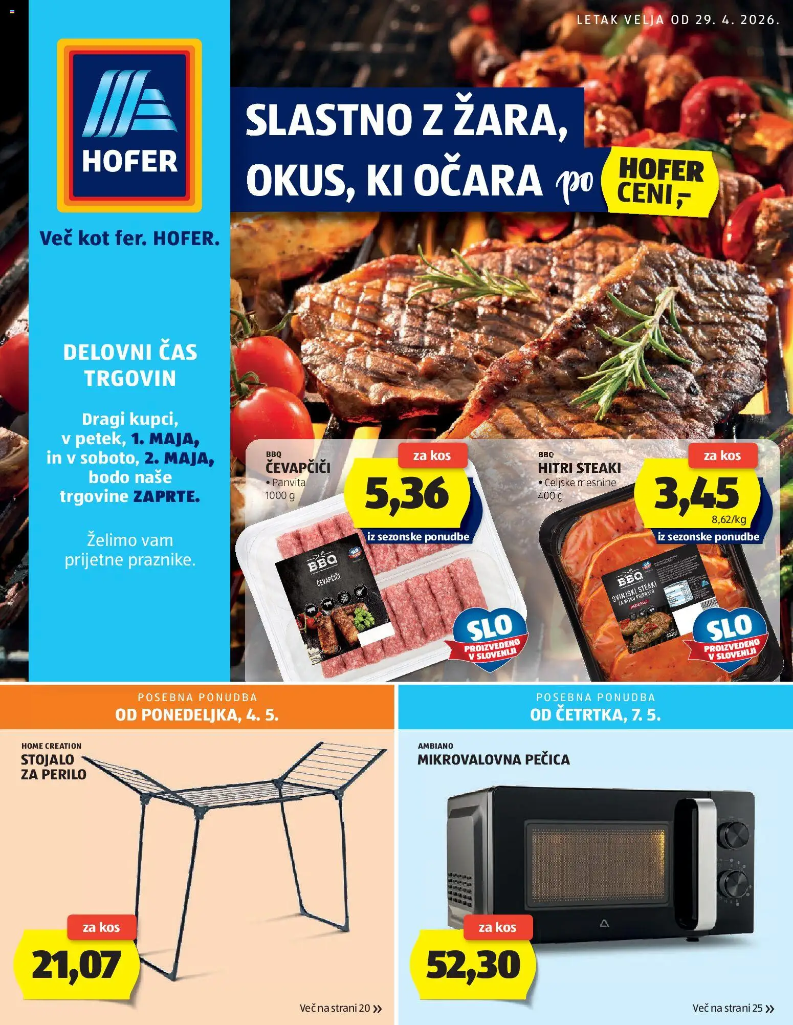 Novi Hofer katalog ponudbe – veljaven od 29.04.2026 | Stran: 1 | Izdelki: Pecica, Mikrovalovna pecica, Čevapčiči, Kos