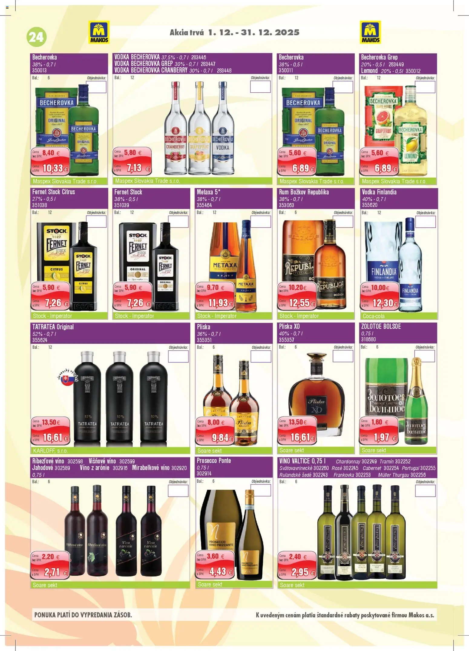 Nové Makos akcie – leták je platný od 01.12.2025 | Strana: 24 | Produkty: Prosecco, Vodka, Fernet, Finlandia