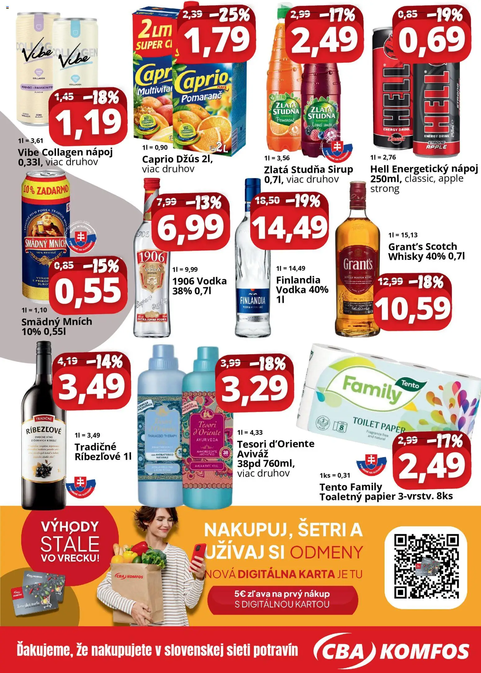 Nové CBA Komfos akcie – leták je platný od 31.10.2025 | Strana: 4 | Produkty: Toaletný papier, Aviváž, Vodka, Energetický nápoj