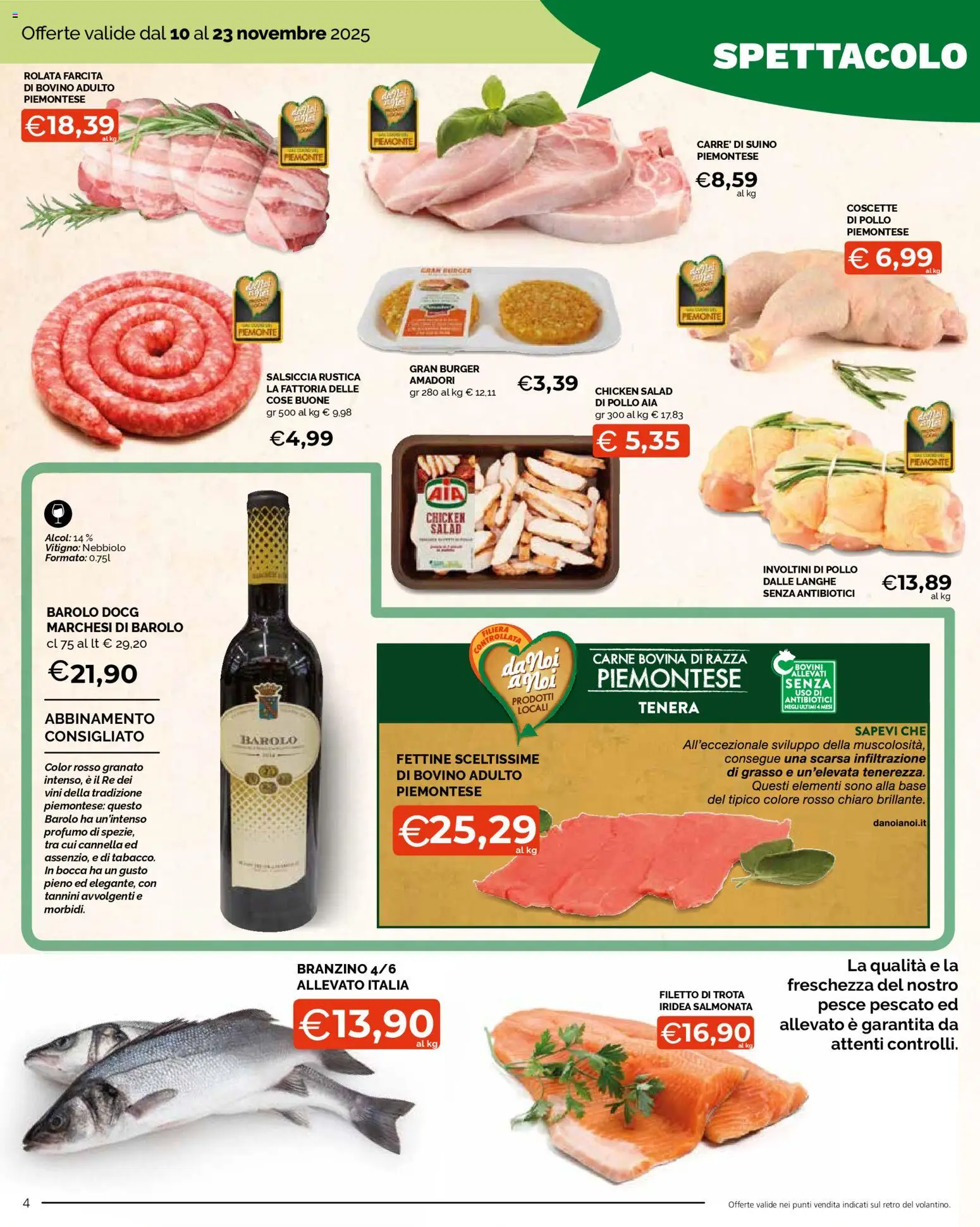 Volantino Mercatò del 10.11.2025 | Pagina: 4 | Prodotti: Bovino, Pesce, Trota, Branzino